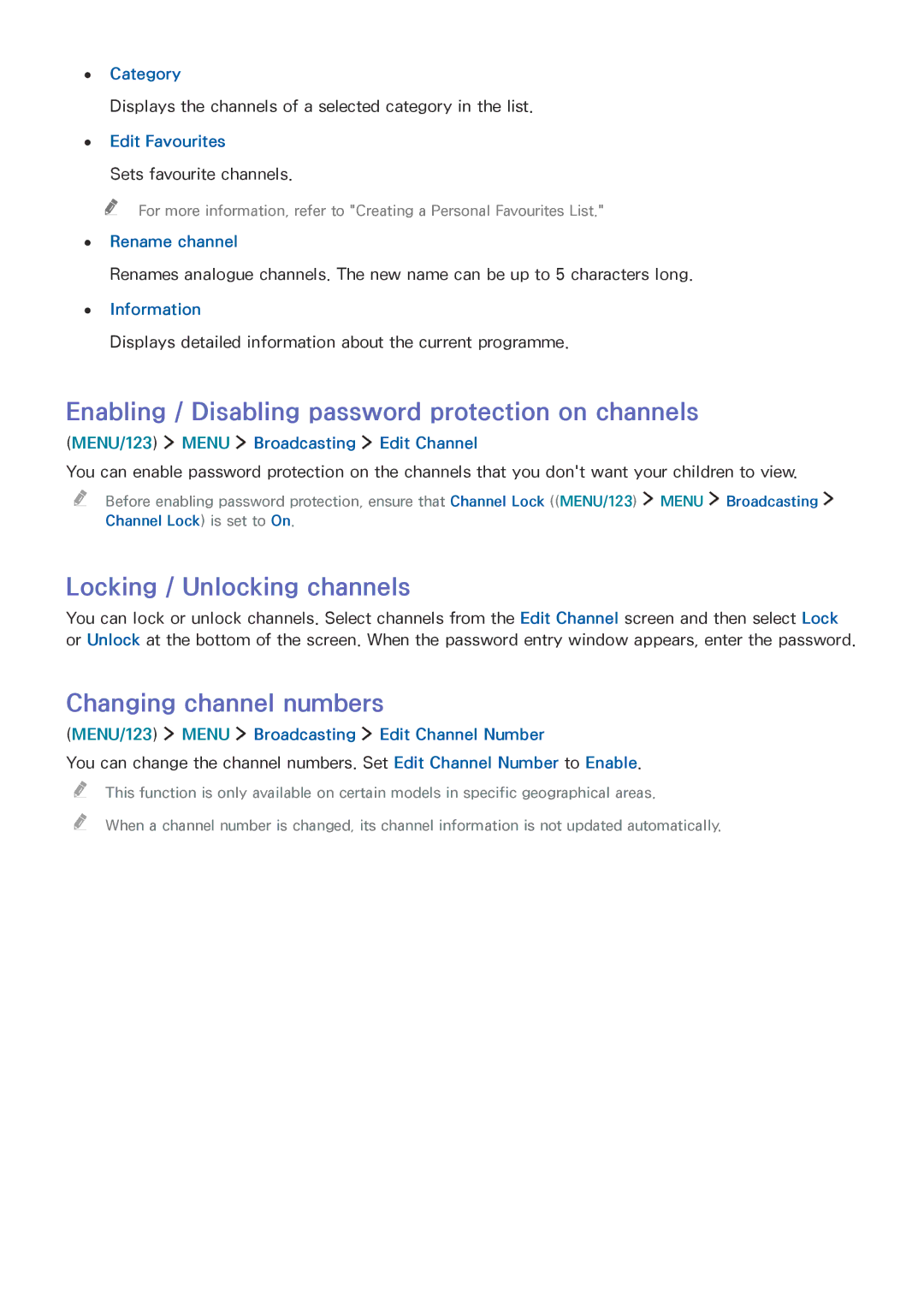 Samsung UE55J6200AKXZT, UE65J6299SUXZG Enabling / Disabling password protection on channels, Locking / Unlocking channels 