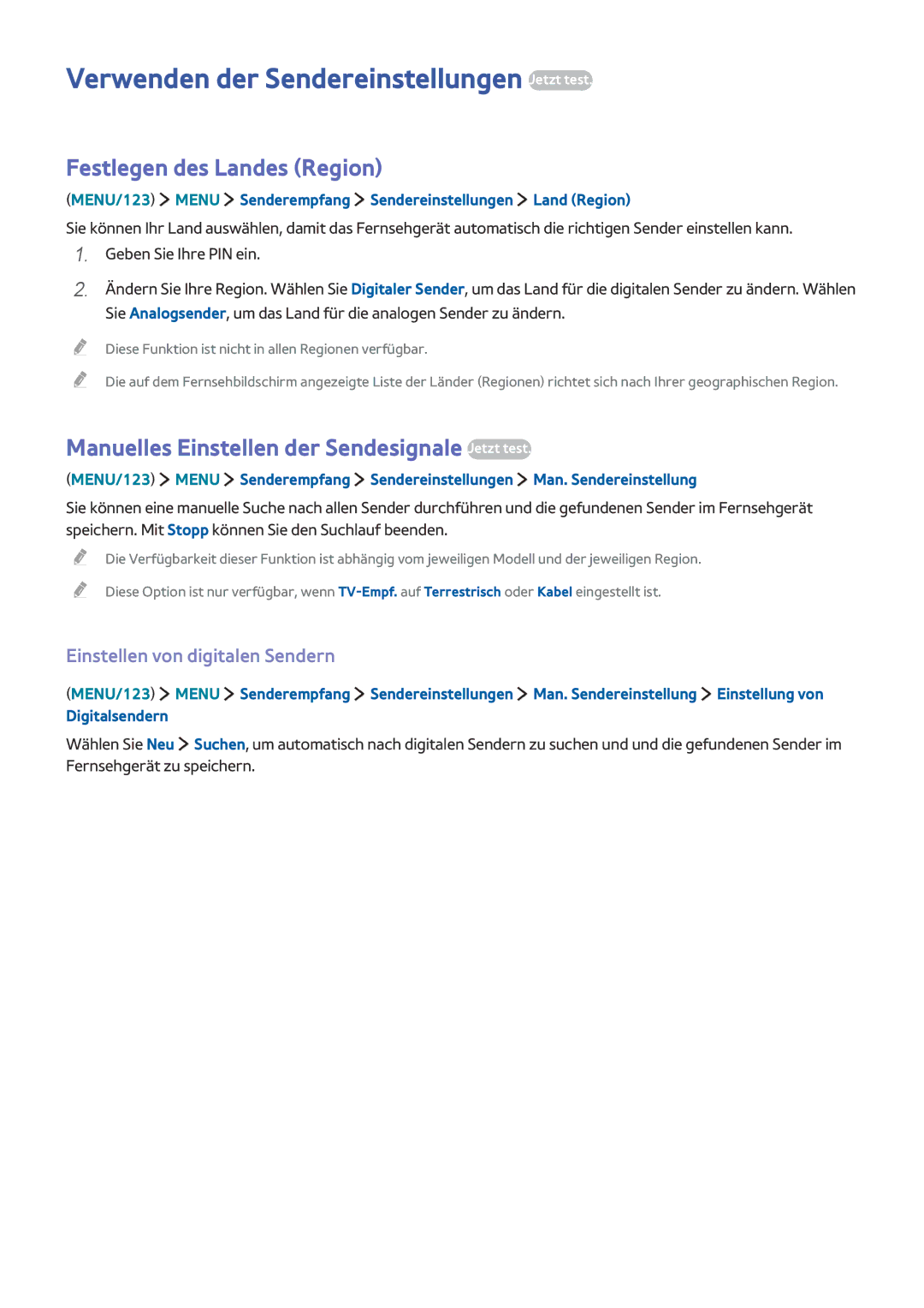 Samsung UE50J5500AWXXH, UE65J6299SUXZG manual Verwenden der Sendereinstellungen Jetzt test, Festlegen des Landes Region 
