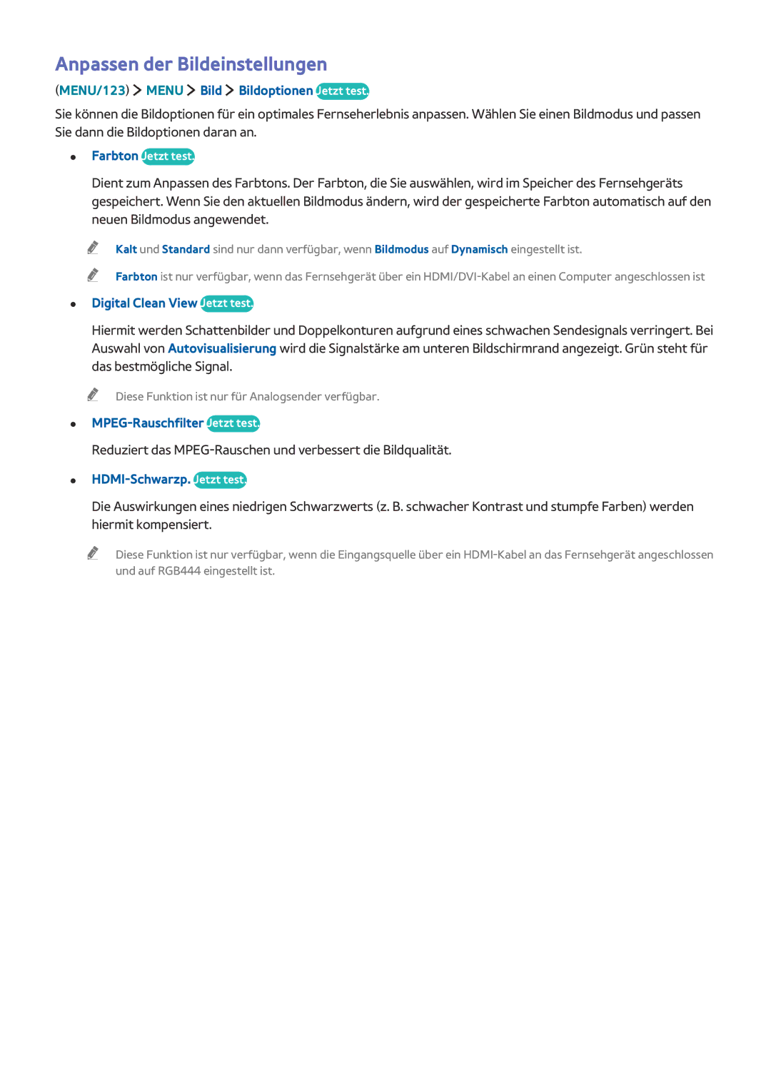Samsung UE32J6350SUXZG, UE65J6299SUXZG manual Anpassen der Bildeinstellungen, MENU/123 Menu Bild Bildoptionen Jetzt test 