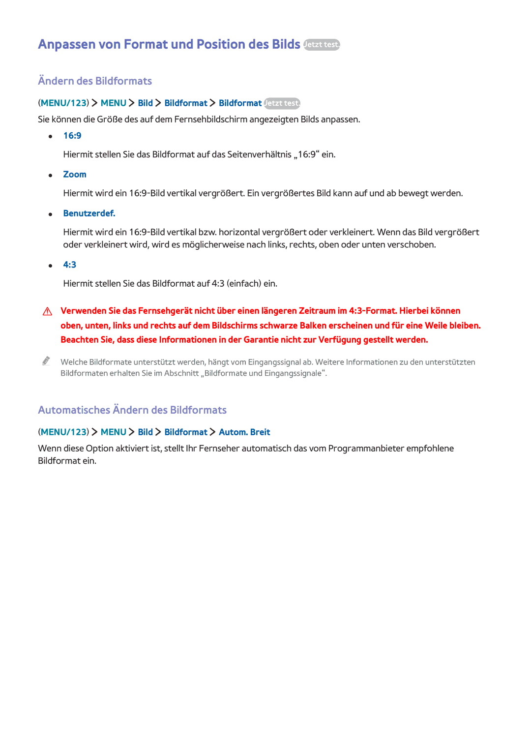 Samsung UE32J6370SUXTK, UE65J6299SUXZG manual Anpassen von Format und Position des Bilds Jetzt test, Ändern des Bildformats 