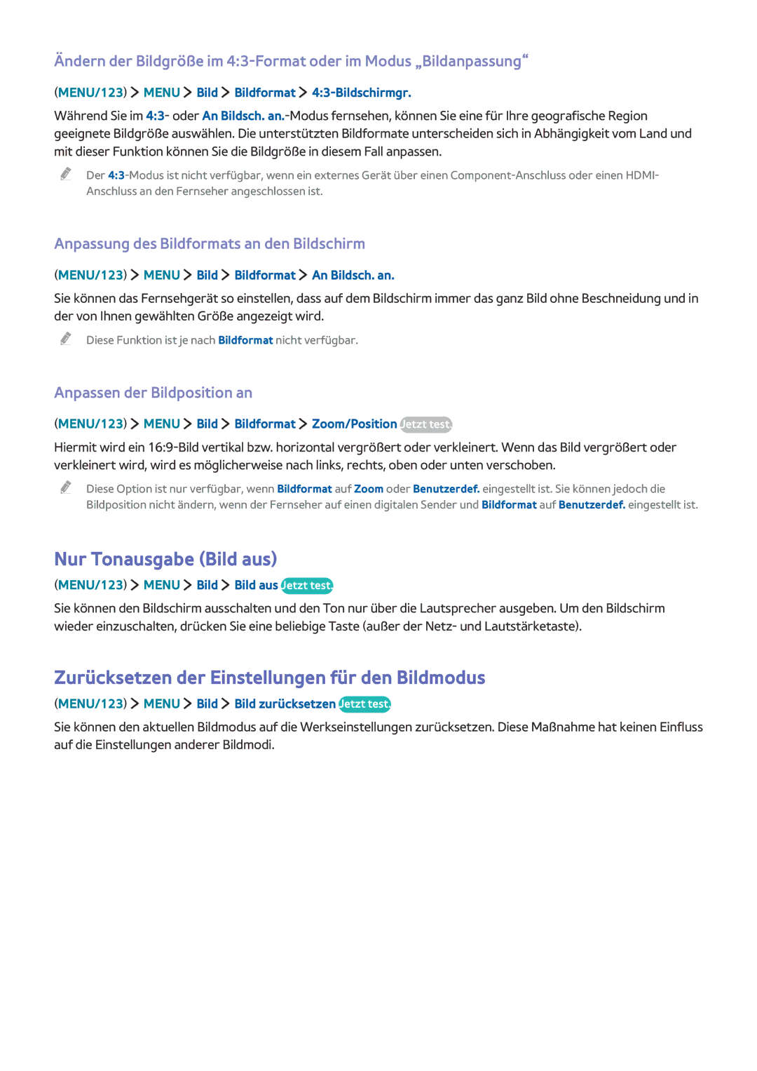 Samsung UE32J5500AWXXH, UE65J6299SUXZG manual Nur Tonausgabe Bild aus, Zurücksetzen der Einstellungen für den Bildmodus 