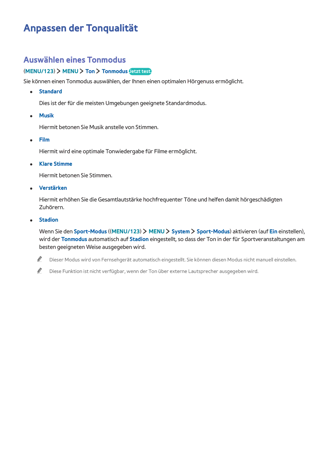 Samsung UE48J6370SUXXH, UE65J6299SUXZG, UE40J6250SUXZG, UE40J6289SUXZG Anpassen der Tonqualität, Auswählen eines Tonmodus 