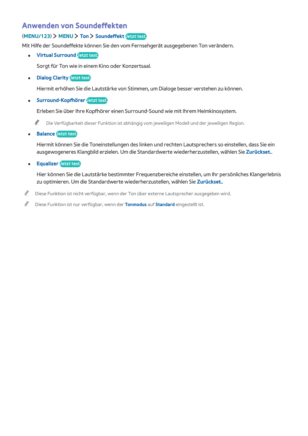 Samsung UE48J5500AWXXH Anwenden von Soundeffekten, MENU/123 Menu Ton Soundeffekt Jetzt test, Virtual Surround Jetzt test 