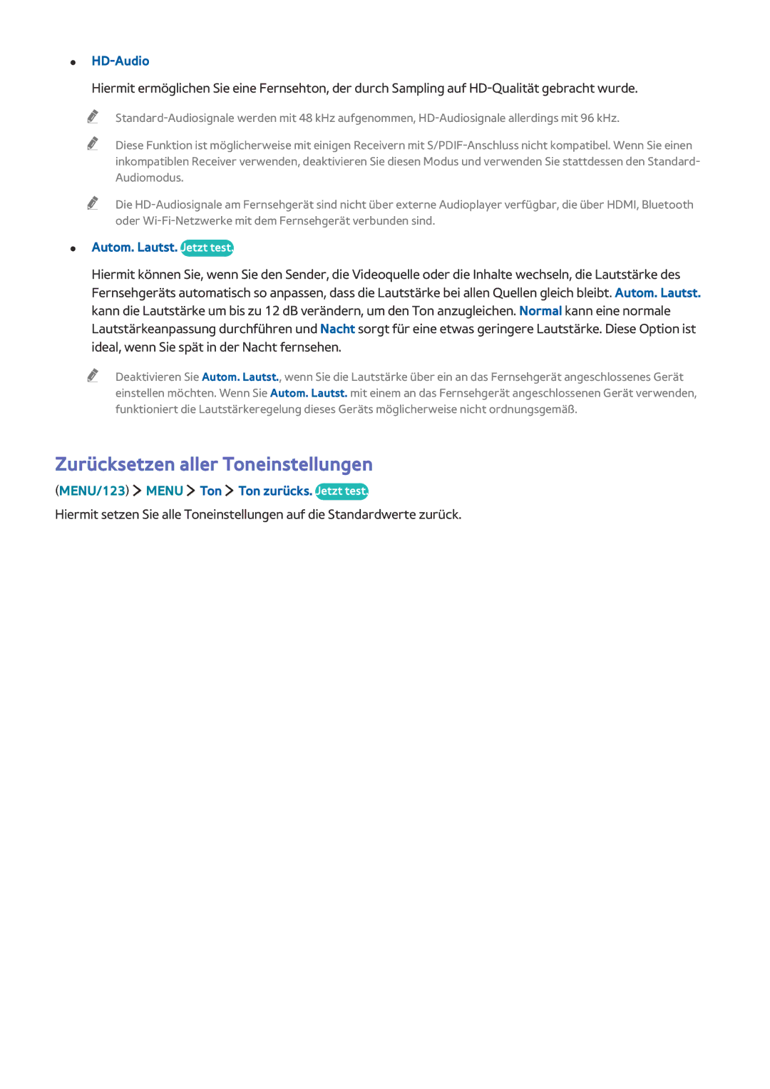 Samsung UE48J6370SUXTK, UE65J6299SUXZG manual Zurücksetzen aller Toneinstellungen, HD-Audio, Autom. Lautst. Jetzt test 