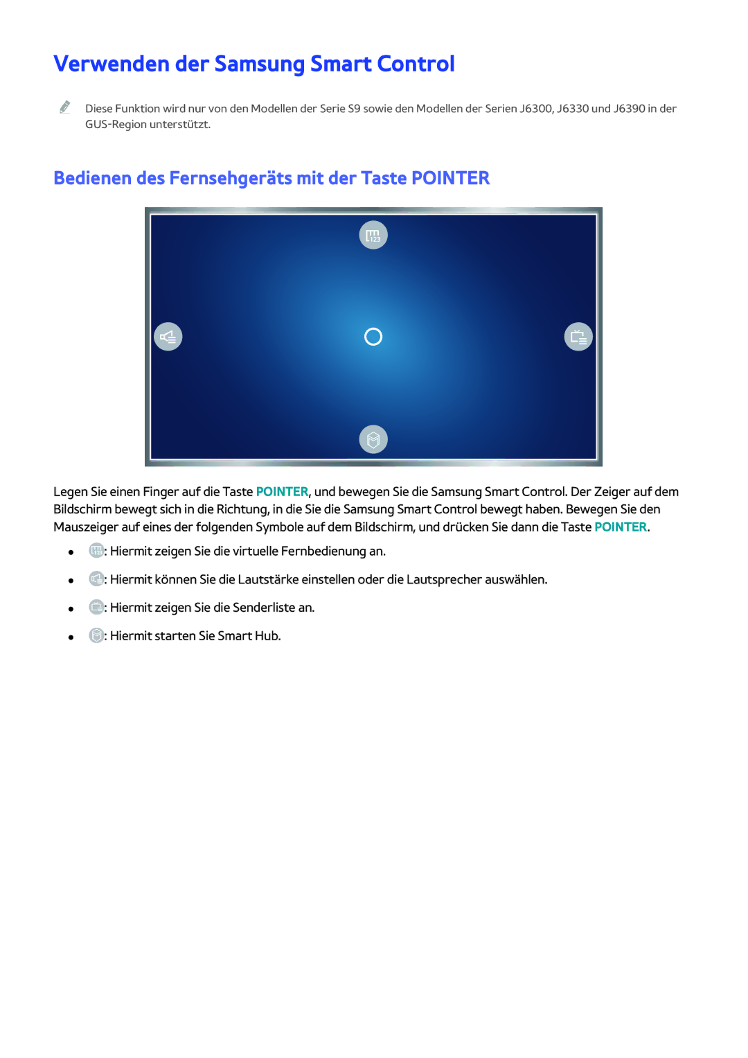 Samsung UE50J6240AWXXH, UE32S9AUXZG Verwenden der Samsung Smart Control, Bedienen des Fernsehgeräts mit der Taste Pointer 