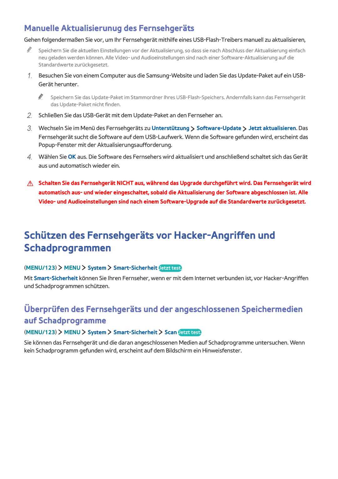 Samsung UE50J5550SUXZG manual Manuelle Aktualisierunug des Fernsehgeräts, MENU/123 Menu System Smart-Sicherheit Jetzt test 