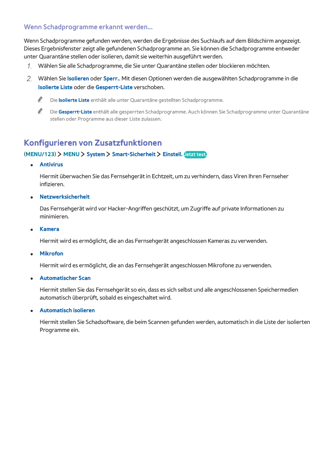 Samsung UE32J5670SUXZG, UE65J6299SUXZG, UE32S9AUXZG Konfigurieren von Zusatzfunktionen, Wenn Schadprogramme erkannt werden 