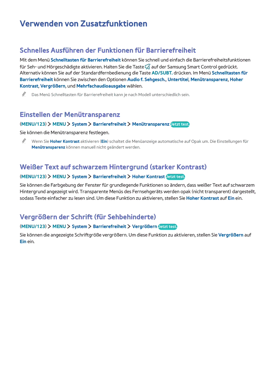 Samsung UE60J6240AWXXH manual Verwenden von Zusatzfunktionen, Schnelles Ausführen der Funktionen für Barrierefreiheit 