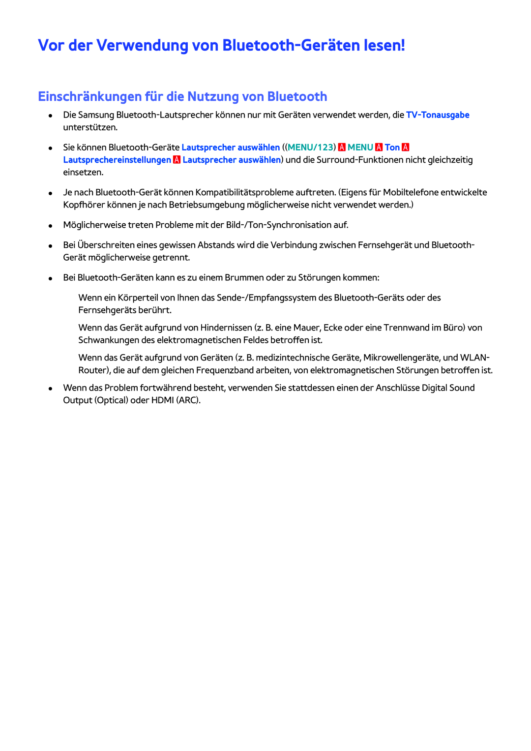 Samsung UE55J6240AKXZF manual Vor der Verwendung von Bluetooth-Geräten lesen, Einschränkungen für die Nutzung von Bluetooth 