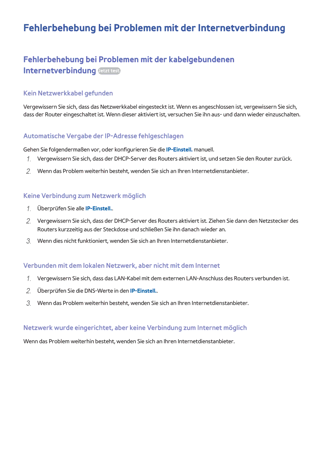 Samsung UE32J6350SUXZG, UE32S9AUXZG Fehlerbehebung bei Problemen mit der Internetverbindung, Kein Netzwerkkabel gefunden 