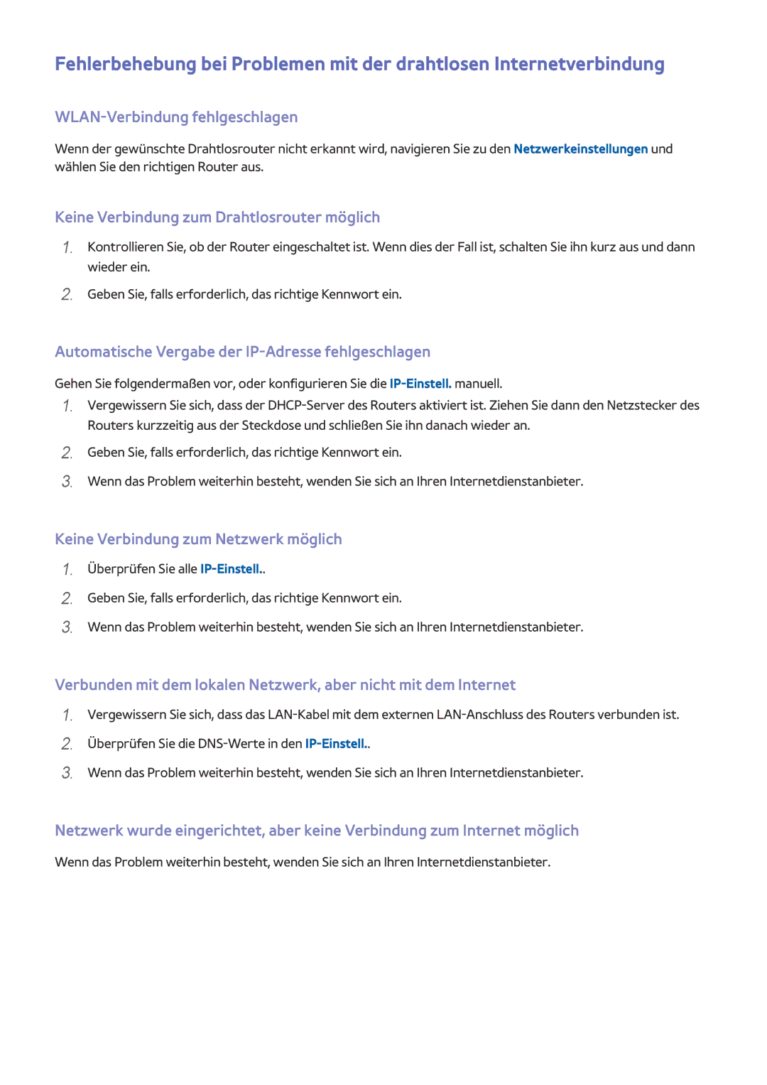 Samsung UE32J6200AWXXH, UE65J6299SUXZG manual WLAN-Verbindung fehlgeschlagen, Keine Verbindung zum Drahtlosrouter möglich 