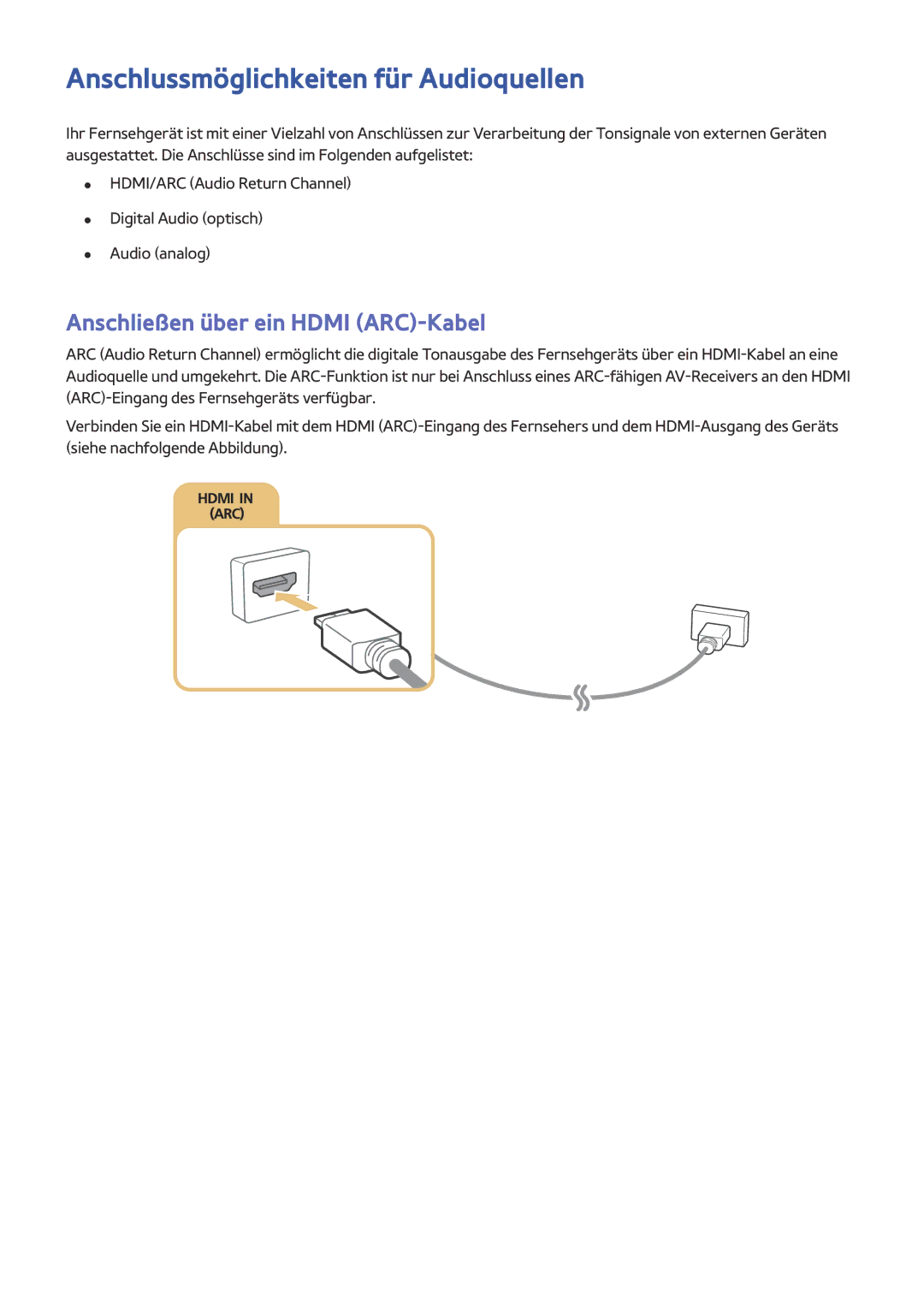 Samsung UE32J5500AWXXH, UE65J6299SUXZG manual Anschlussmöglichkeiten für Audioquellen, Anschließen über ein Hdmi ARC-Kabel 