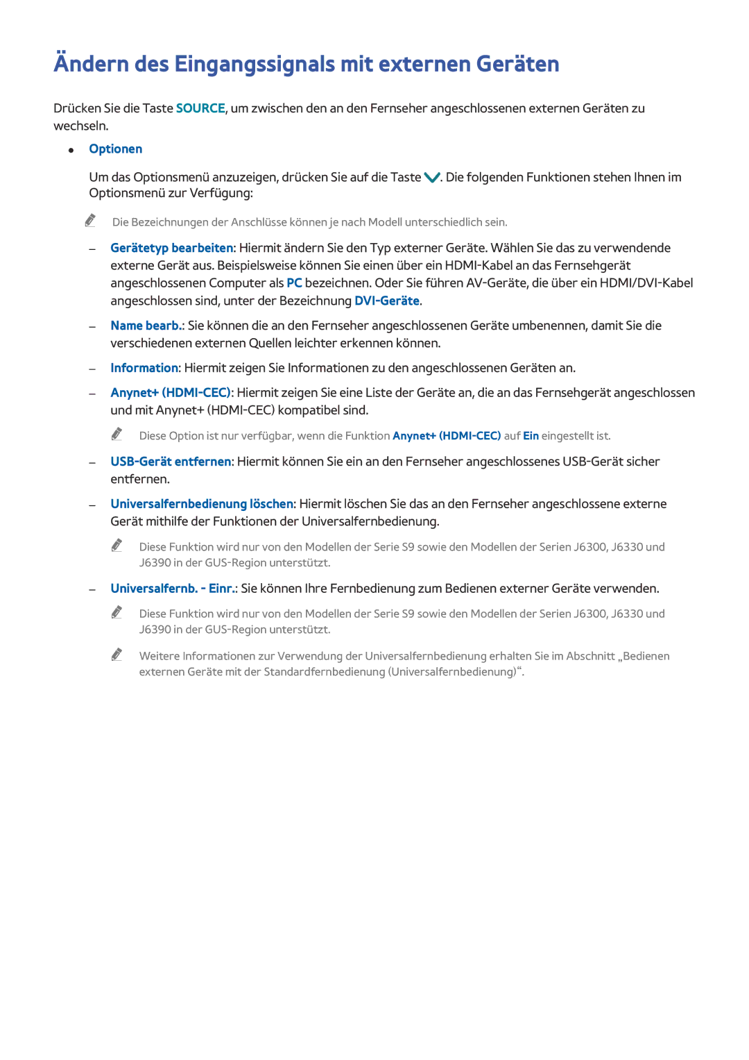 Samsung UE48J6300AKXXC, UE65J6299SUXZG, UE40J6250SUXZG manual Ändern des Eingangssignals mit externen Geräten, Optionen 