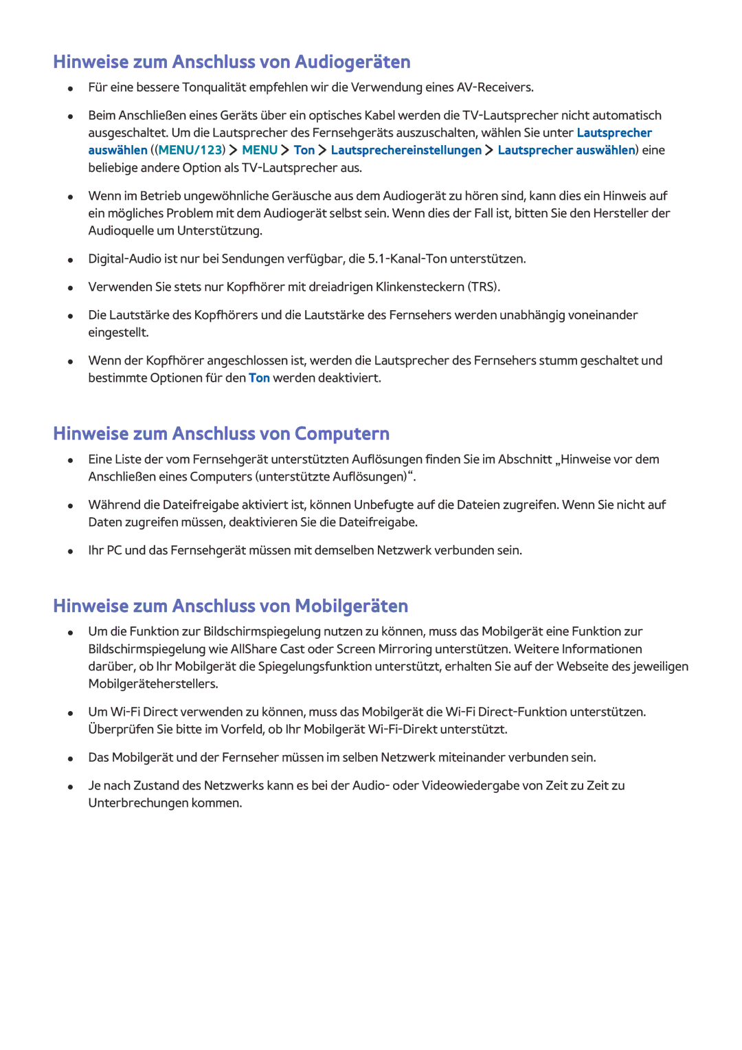 Samsung UE40J6300AWXXH, UE65J6299SUXZG manual Hinweise zum Anschluss von Audiogeräten, Hinweise zum Anschluss von Computern 