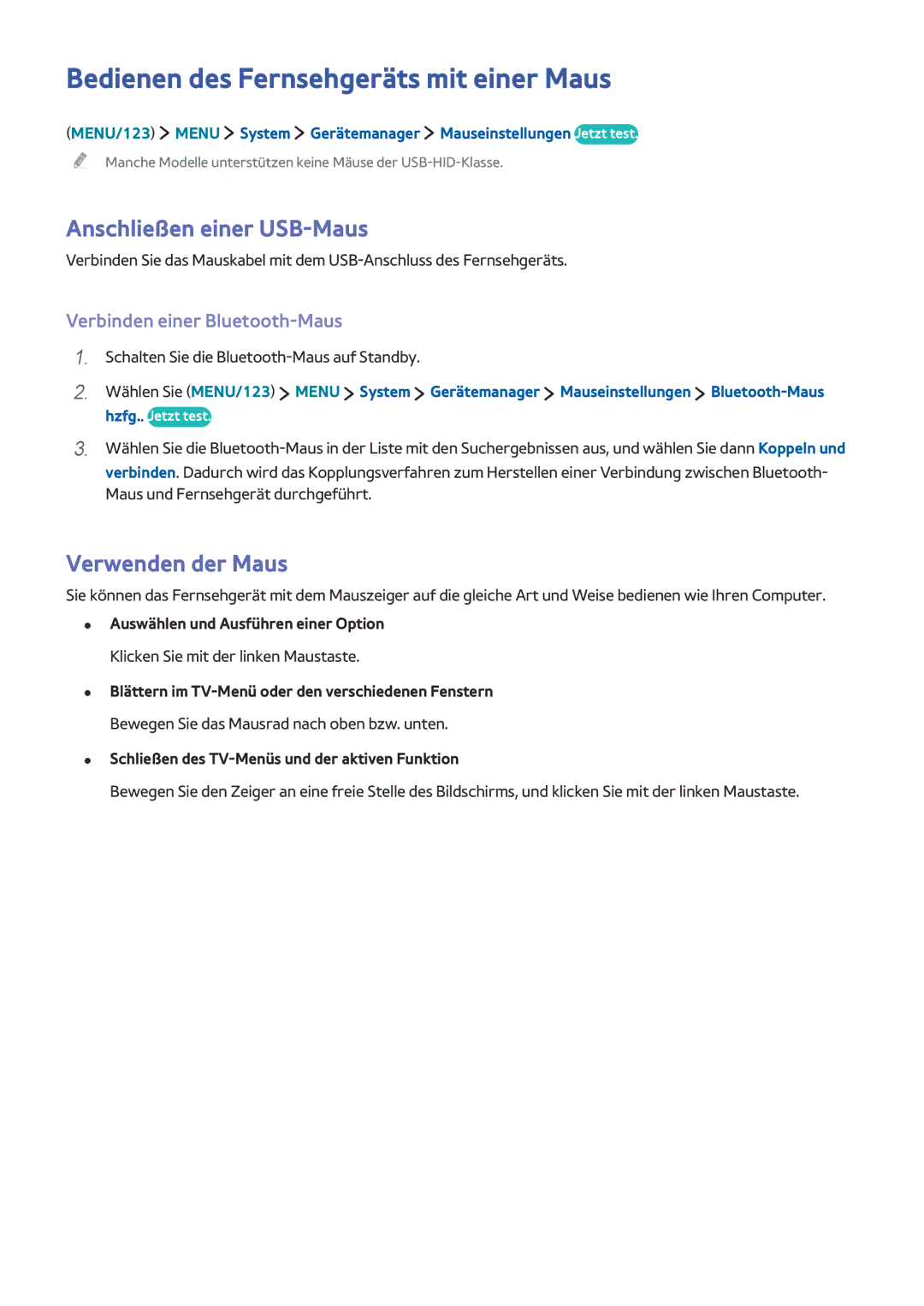 Samsung UE55J6370SUXTK manual Bedienen des Fernsehgeräts mit einer Maus, Anschließen einer USB-Maus, Verwenden der Maus 