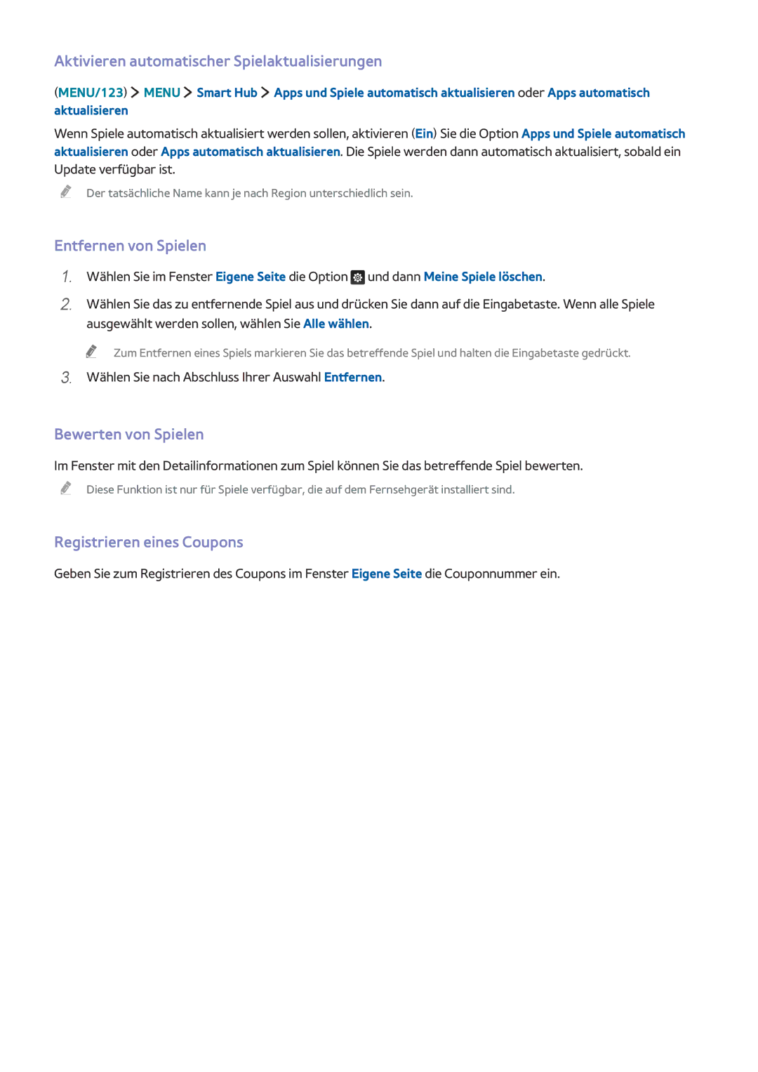 Samsung UE55J6300AWXXH manual Aktivieren automatischer Spielaktualisierungen, Entfernen von Spielen, Bewerten von Spielen 