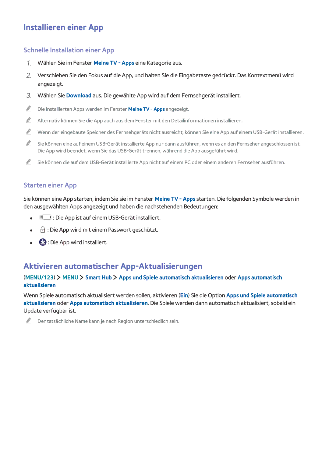 Samsung UE48J5570SUXTK manual Installieren einer App, Aktivieren automatischer App-Aktualisierungen, Starten einer App 