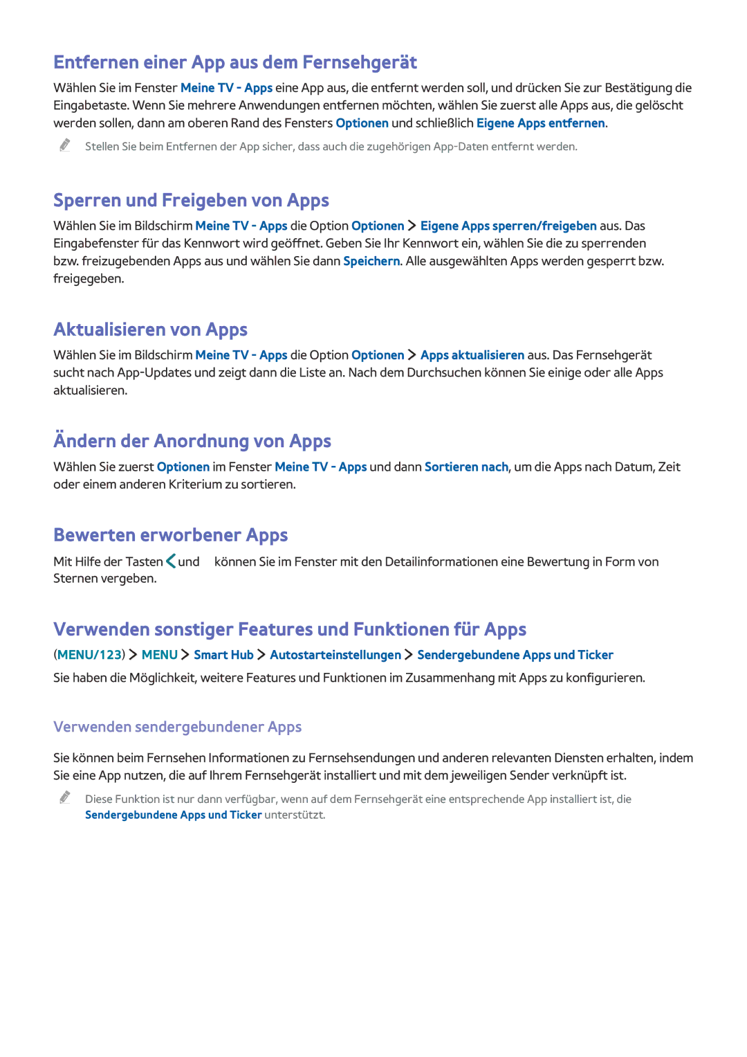 Samsung UE48J5550SUXZG Entfernen einer App aus dem Fernsehgerät, Sperren und Freigeben von Apps, Aktualisieren von Apps 