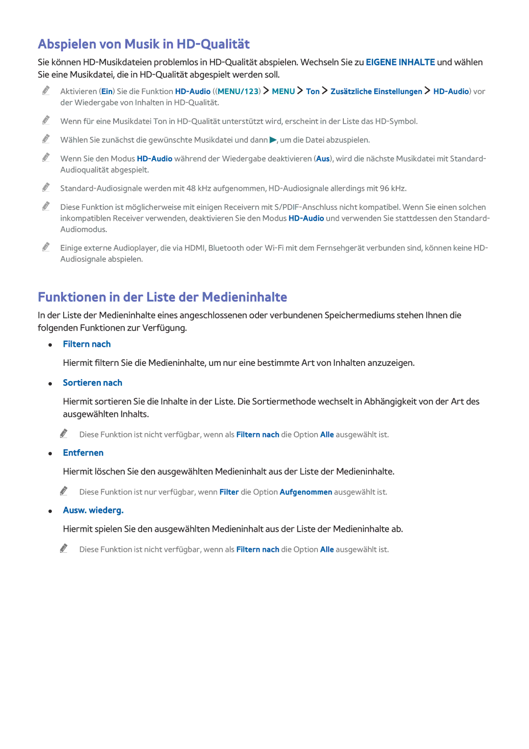 Samsung UE65J6250AKXZF, UE65J6299SUXZG manual Abspielen von Musik in HD-Qualität, Funktionen in der Liste der Medieninhalte 