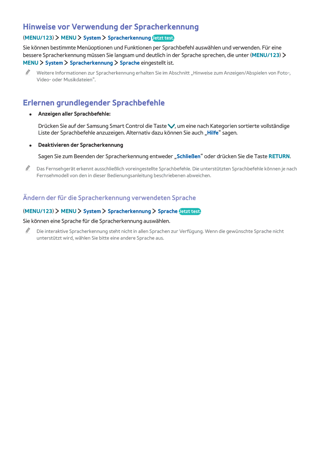 Samsung UE32J5500AWXZF, UE65J6299SUXZG Hinweise vor Verwendung der Spracherkennung, Erlernen grundlegender Sprachbefehle 