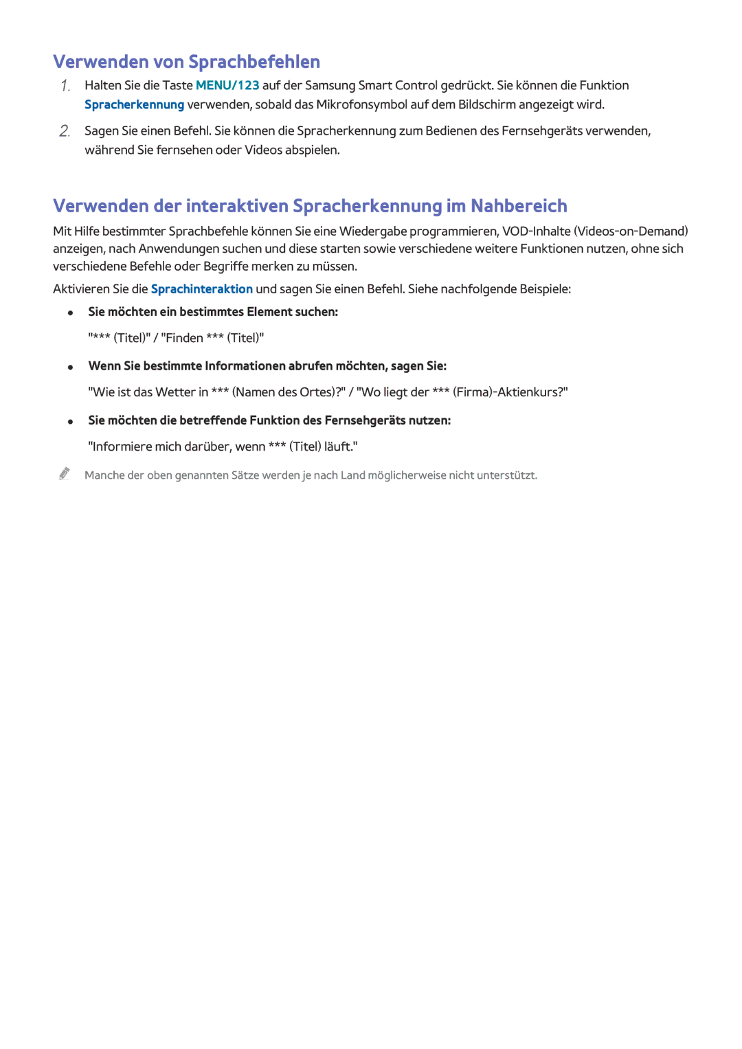 Samsung UE48J5510AWXZF, UE32S9AUXZG Verwenden von Sprachbefehlen, Verwenden der interaktiven Spracherkennung im Nahbereich 