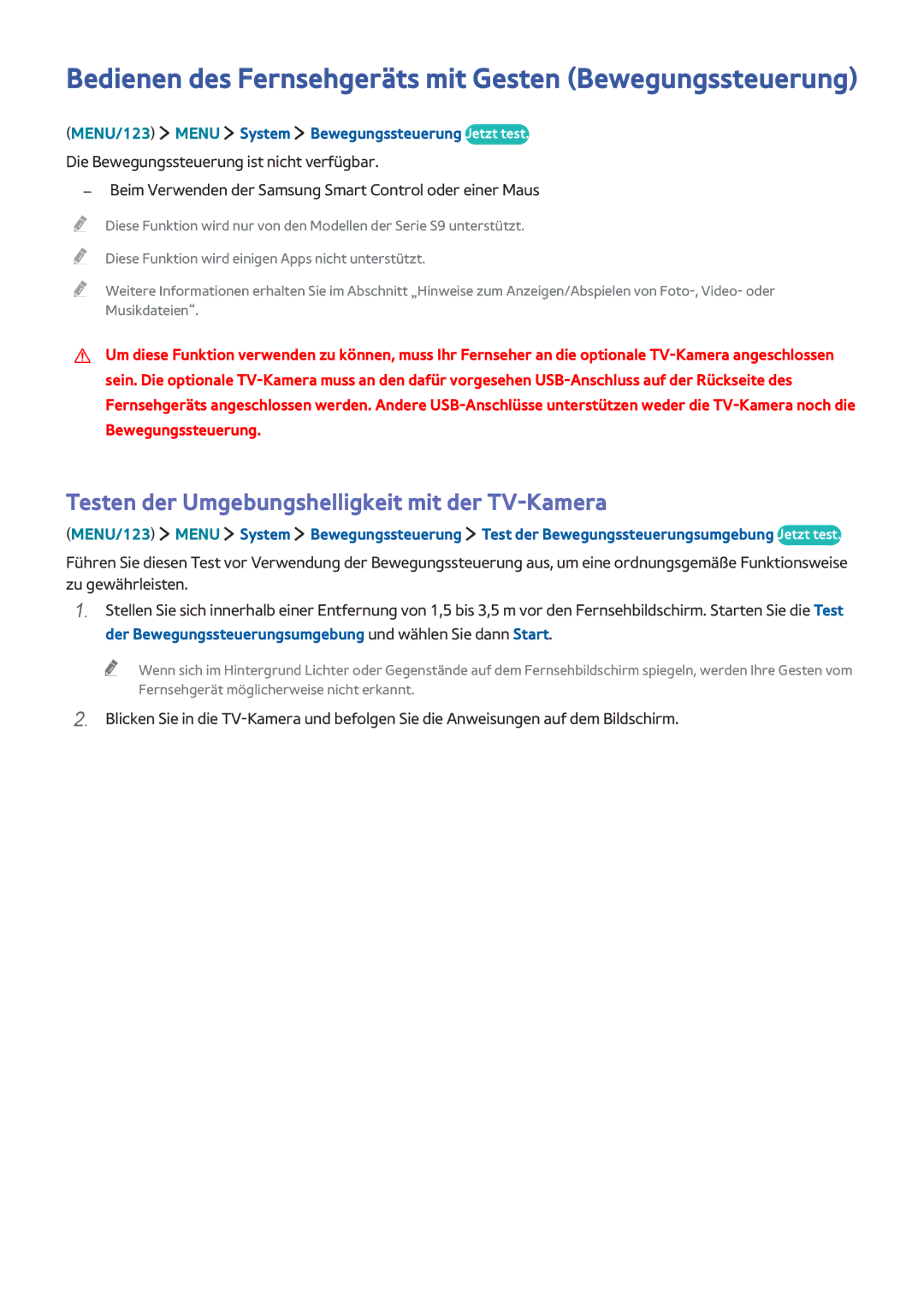 Samsung UE55J6300AWXZF, UE65J6299SUXZG, UE40J6250SUXZG, UE32S9AUXZG Bedienen des Fernsehgeräts mit Gesten Bewegungssteuerung 