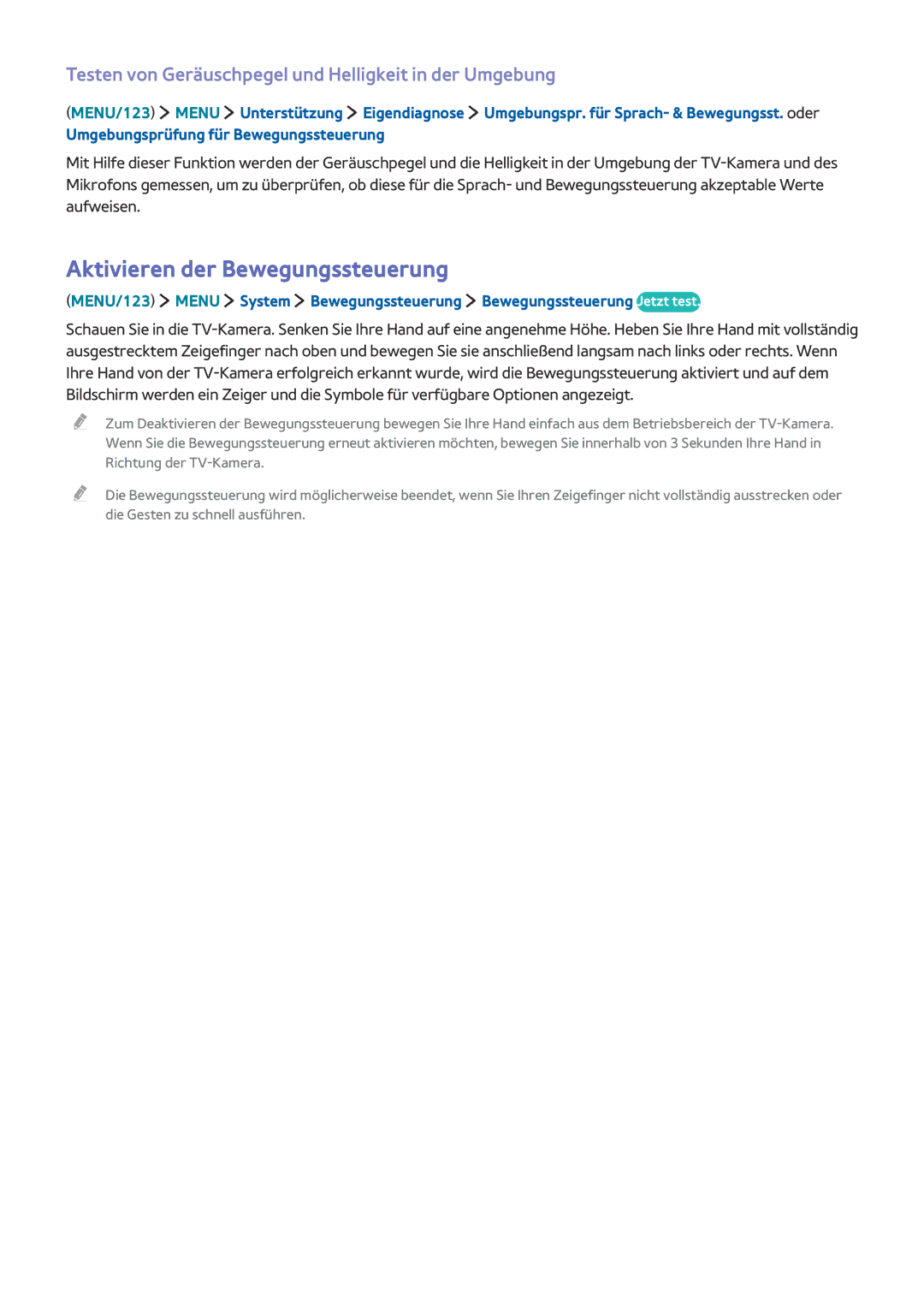 Samsung UE50J5500AWXZF manual Aktivieren der Bewegungssteuerung, Testen von Geräuschpegel und Helligkeit in der Umgebung 