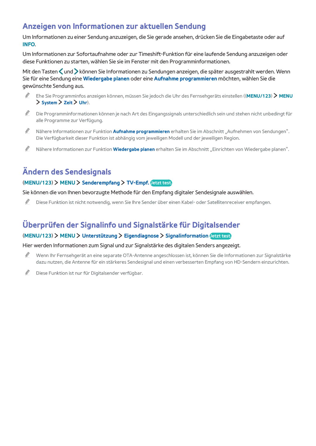 Samsung UE50J6200AWXZF manual Anzeigen von Informationen zur aktuellen Sendung, Ändern des Sendesignals, System Zeit Uhr 