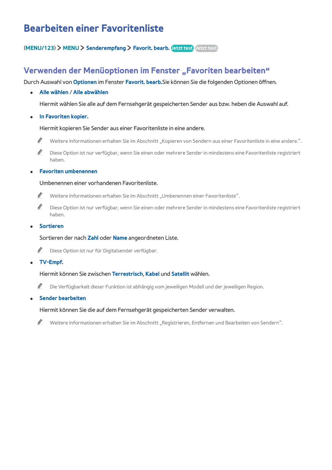 Samsung UE50J6289SUXZG manual Bearbeiten einer Favoritenliste, Verwenden der Menüoptionen im Fenster „Favoriten bearbeiten 
