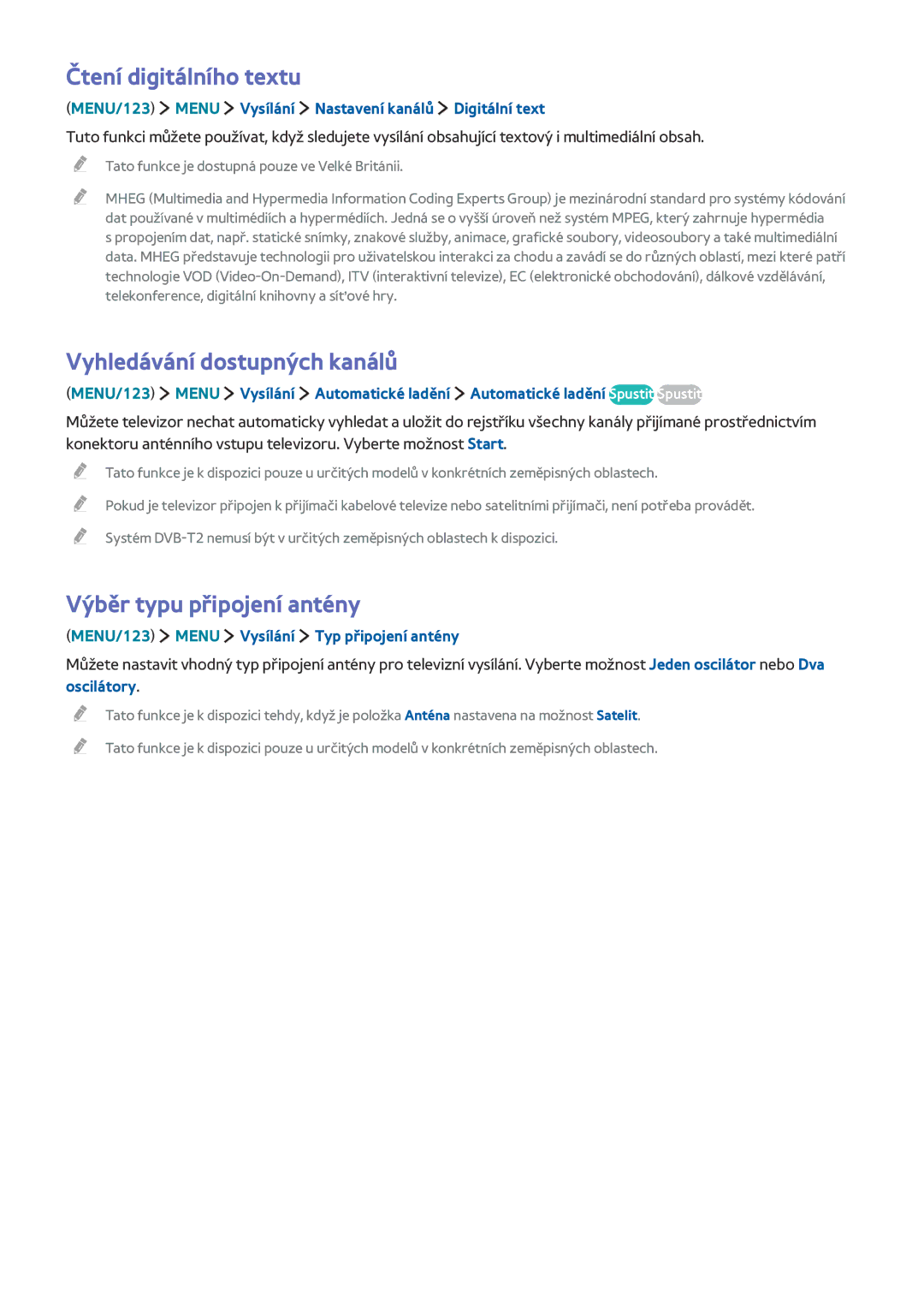 Samsung UE32J6200AWXXN, UE65J6299SUXZG Čtení digitálního textu, Vyhledávání dostupných kanálů, Výběr typu připojení antény 