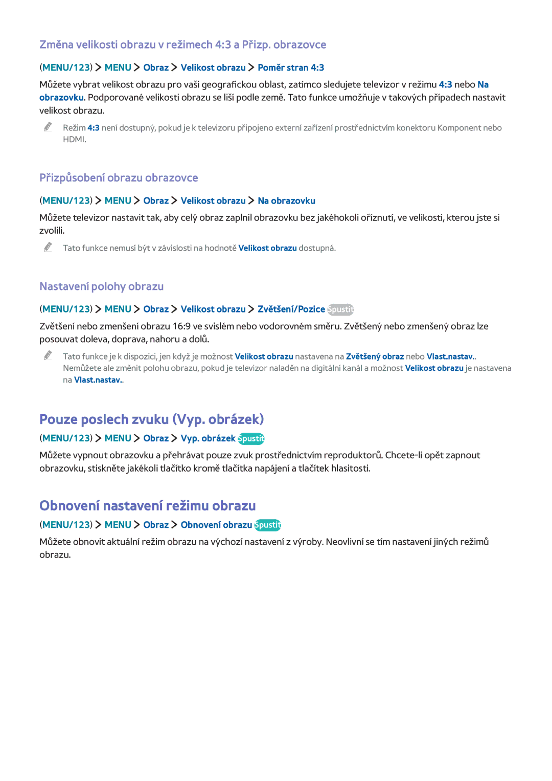 Samsung UE40J6370SUXXC Pouze poslech zvuku Vyp. obrázek, Obnovení nastavení režimu obrazu, Přizpůsobení obrazu obrazovce 