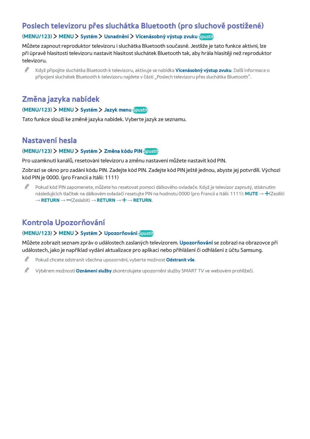 Samsung UE55J6370SUXXC, UE65J6299SUXZG, UE40J6250SUXZG manual Změna jazyka nabídek, Nastavení hesla, Kontrola Upozorňování 