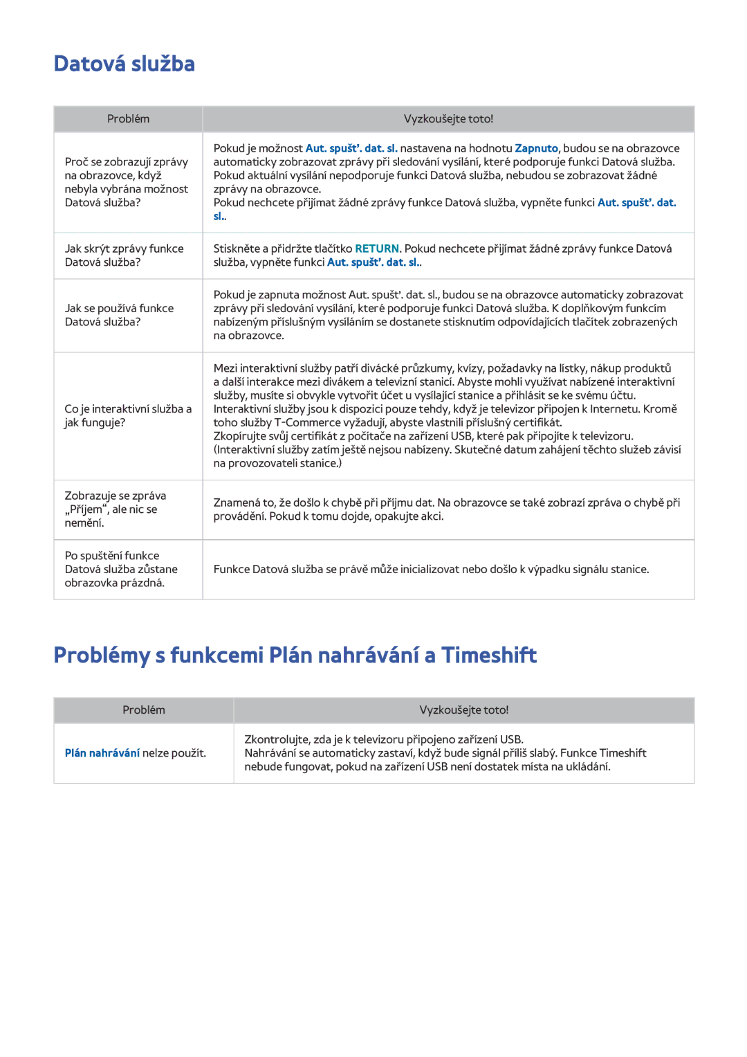 Samsung UE32J5502AKXXH manual Datová služba, Problémy s funkcemi Plán nahrávání a Timeshift, Plán nahrávání nelze použít 