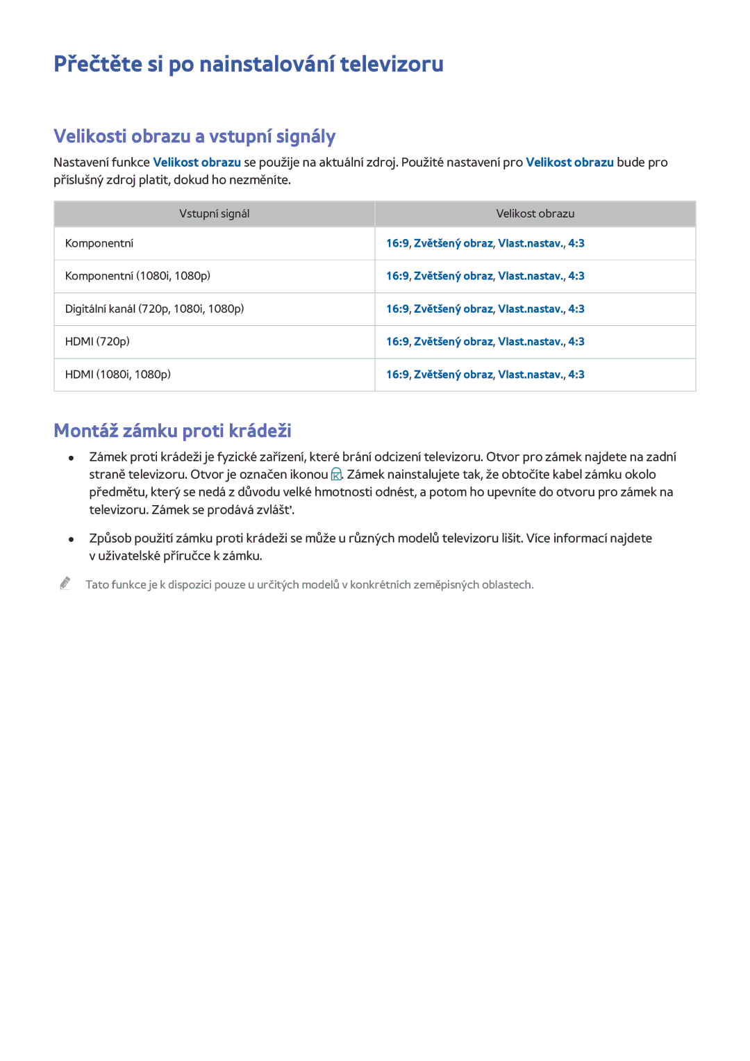 Samsung UE55J6282SUXXH, UE65J6299SUXZG manual Přečtěte si po nainstalování televizoru, Velikosti obrazu a vstupní signály 