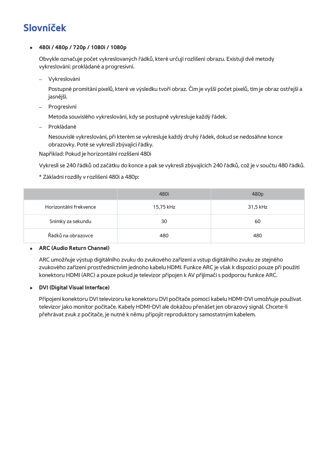 Samsung UE32S9AUXXU, UE65J6299SUXZG, UE40J6250SUXZG, UE40J6289SUXZG manual Slovníček, 480i / 480p / 720p / 1080i / 1080p 