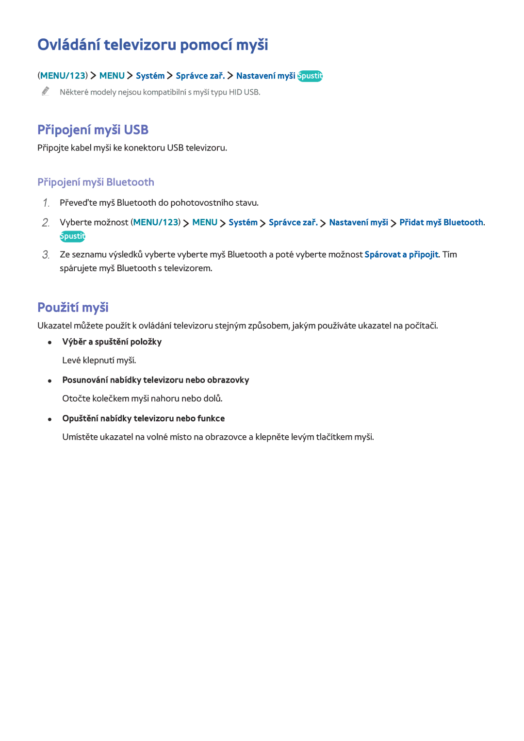 Samsung UE40J5510AWXXH manual Ovládání televizoru pomocí myši, Připojení myši USB, Použití myši, Připojení myši Bluetooth 
