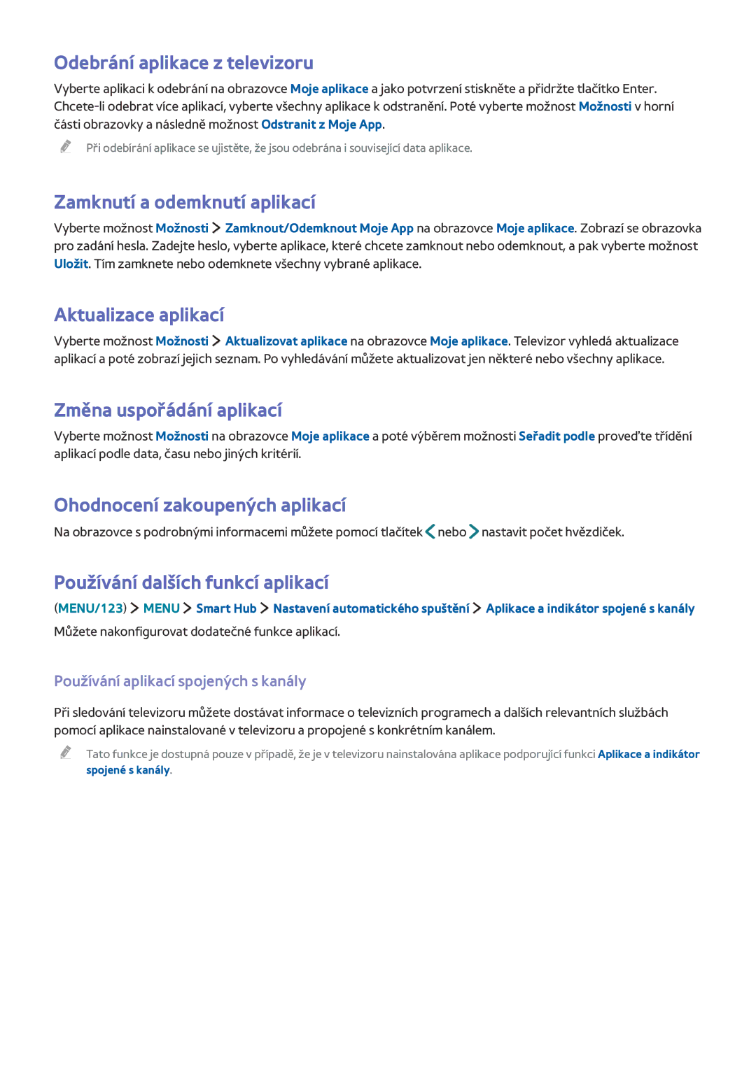 Samsung UE65J6250AKXZF, UE65J6299SUXZG Odebrání aplikace z televizoru, Zamknutí a odemknutí aplikací, Aktualizace aplikací 