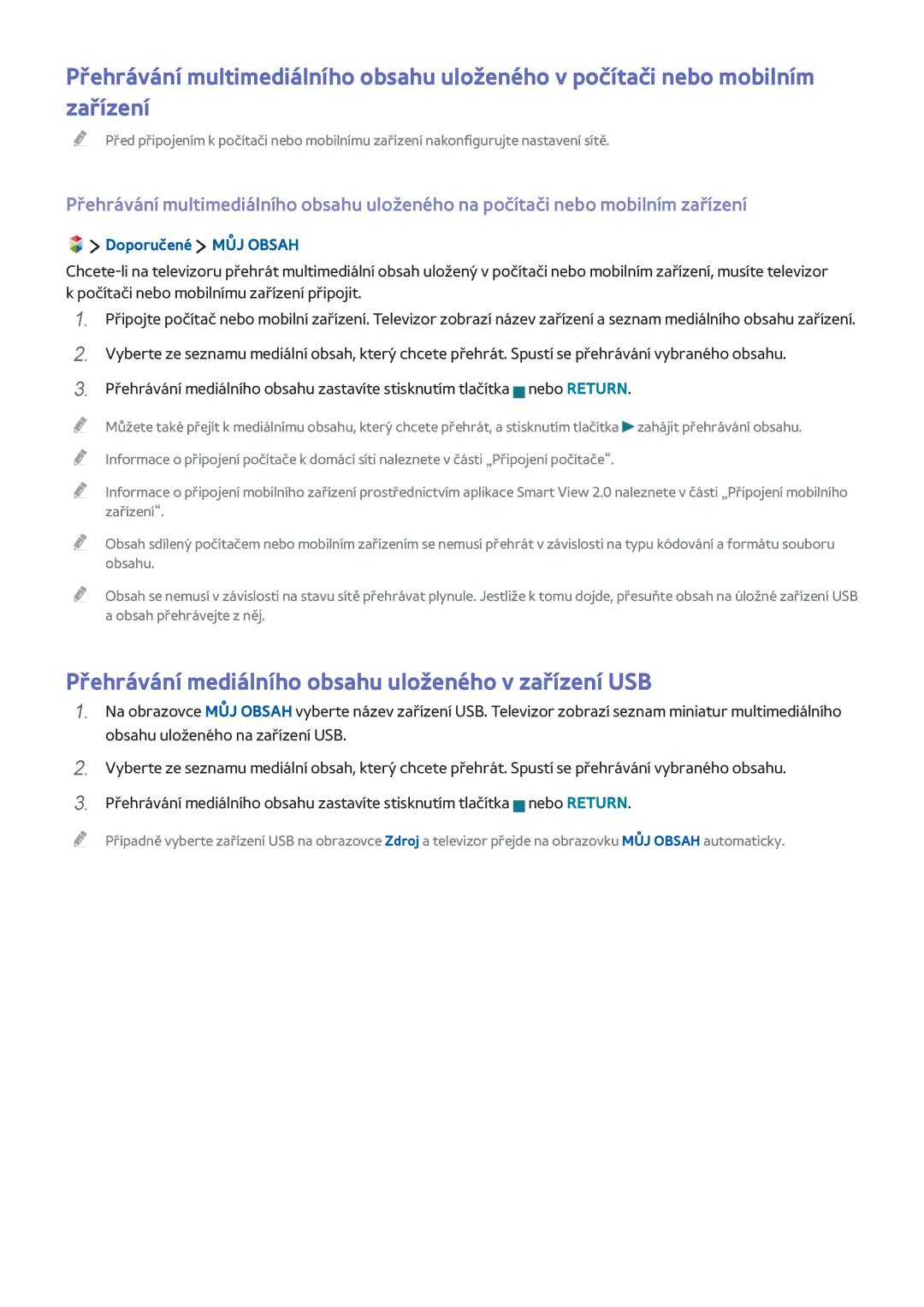 Samsung UE32J5500AWXZF, UE65J6299SUXZG manual Přehrávání mediálního obsahu uloženého v zařízení USB, Doporučené MŮJ Obsah 