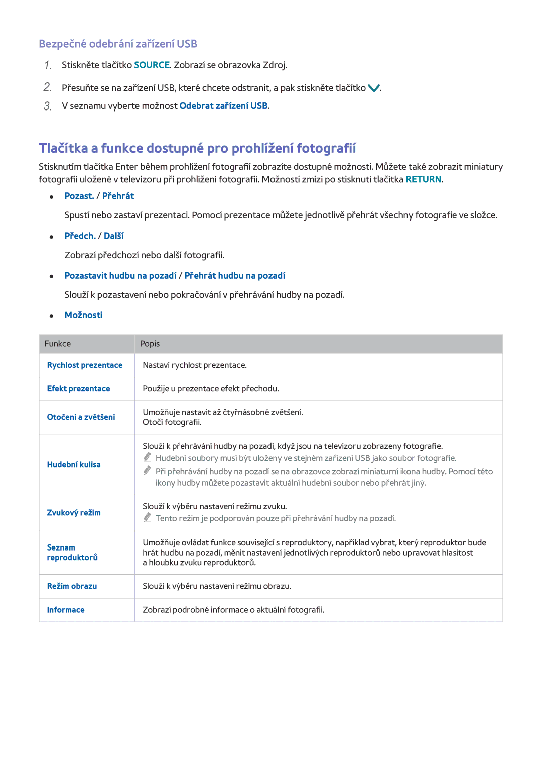 Samsung UE40J5510AWXZF, UE32S9AUXZG Tlačítka a funkce dostupné pro prohlížení fotografií, Bezpečné odebrání zařízení USB 