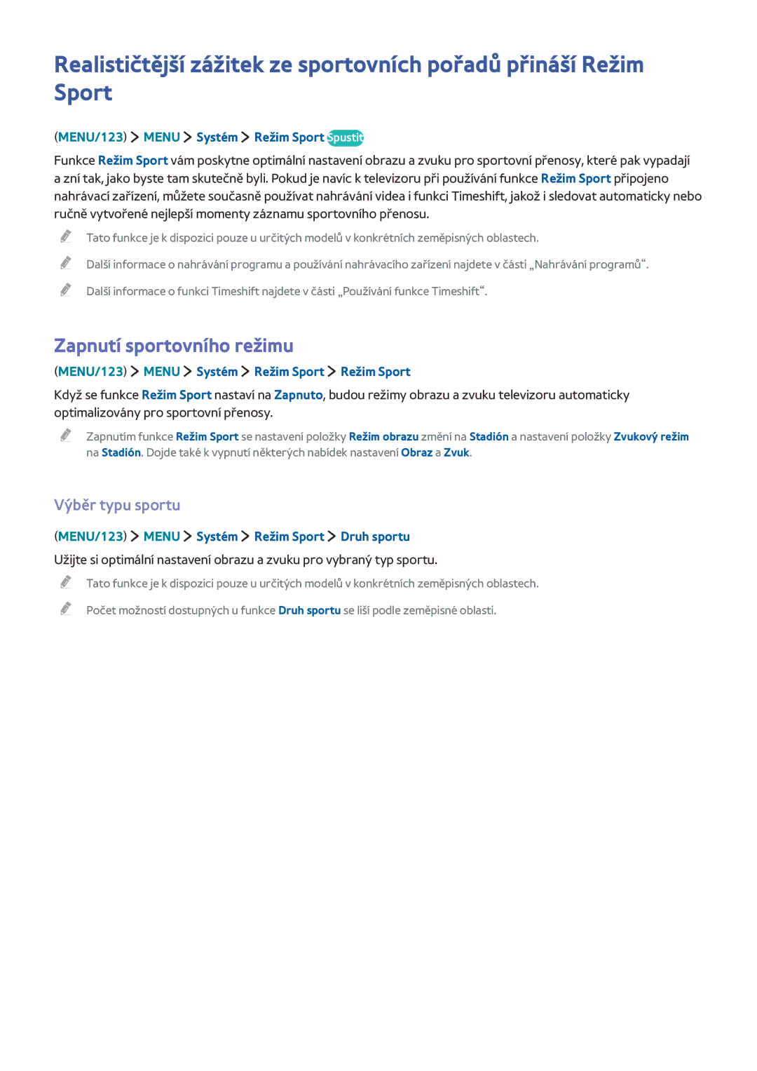 Samsung UE48J6200AKXZT manual Zapnutí sportovního režimu, Výběr typu sportu, MENU/123 Menu Systém Režim Sport Spustit 