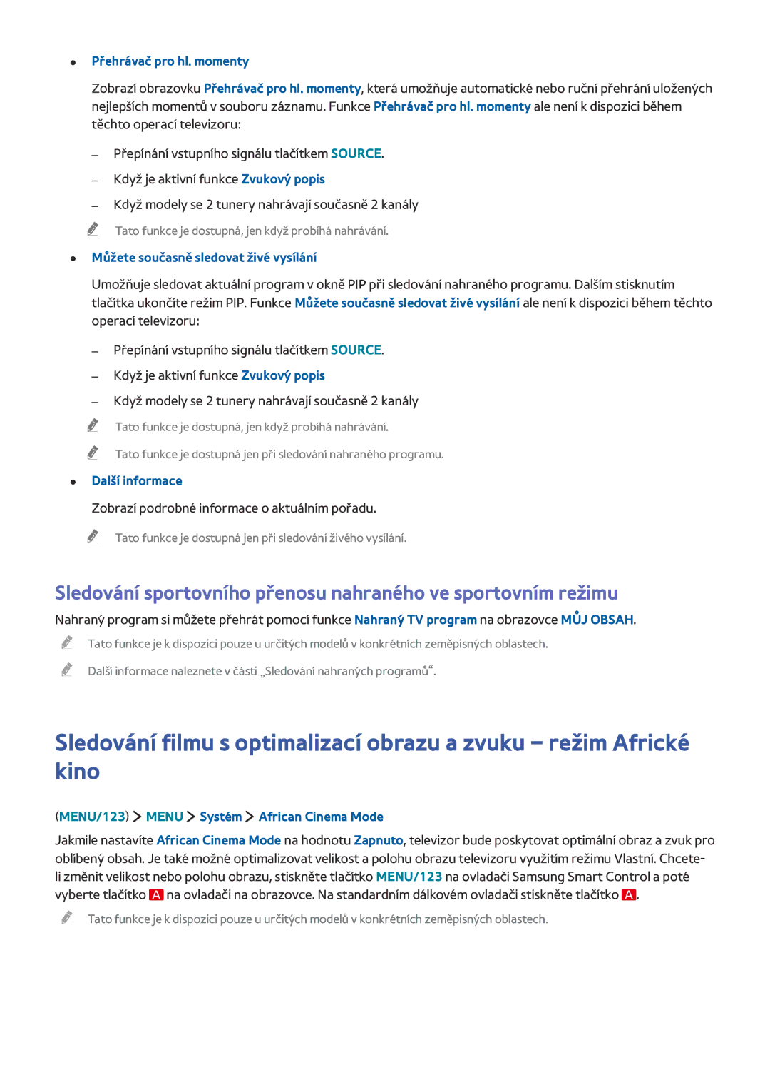 Samsung UE65J6250AKXZT, UE65J6299SUXZG Můžete současně sledovat živé vysílání, MENU/123 Menu Systém African Cinema Mode 