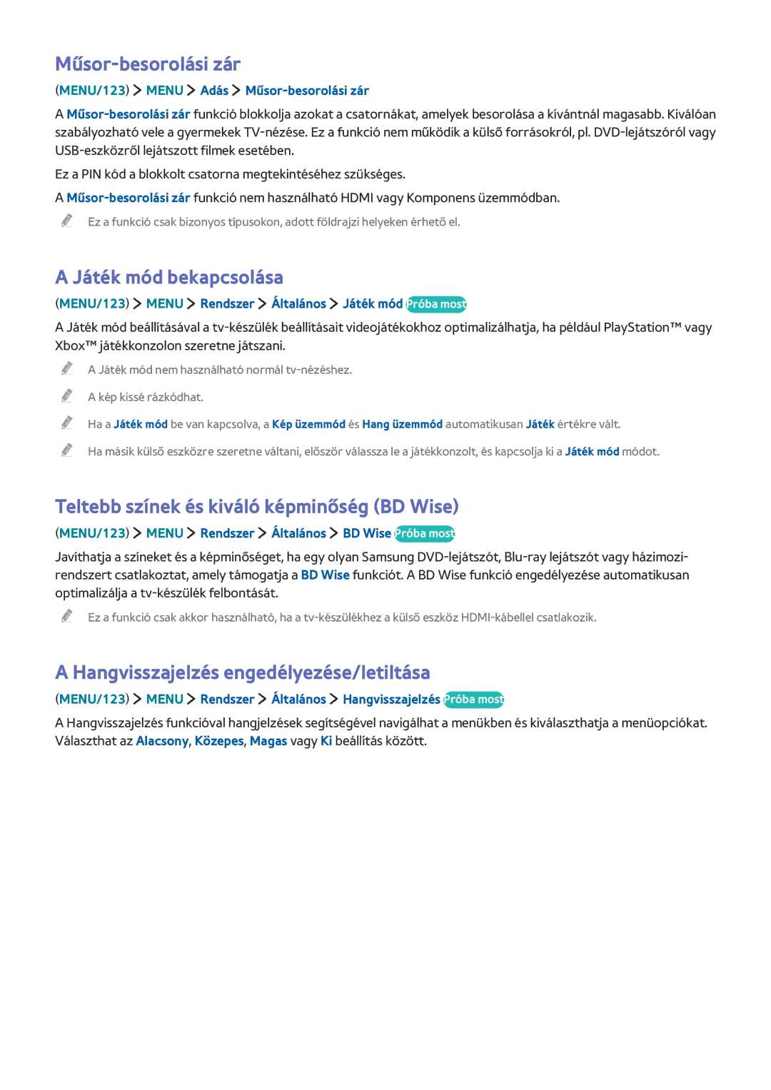 Samsung UE32J5572SUXXH manual Műsor-besorolási zár, Játék mód bekapcsolása, Teltebb színek és kiváló képminőség BD Wise 
