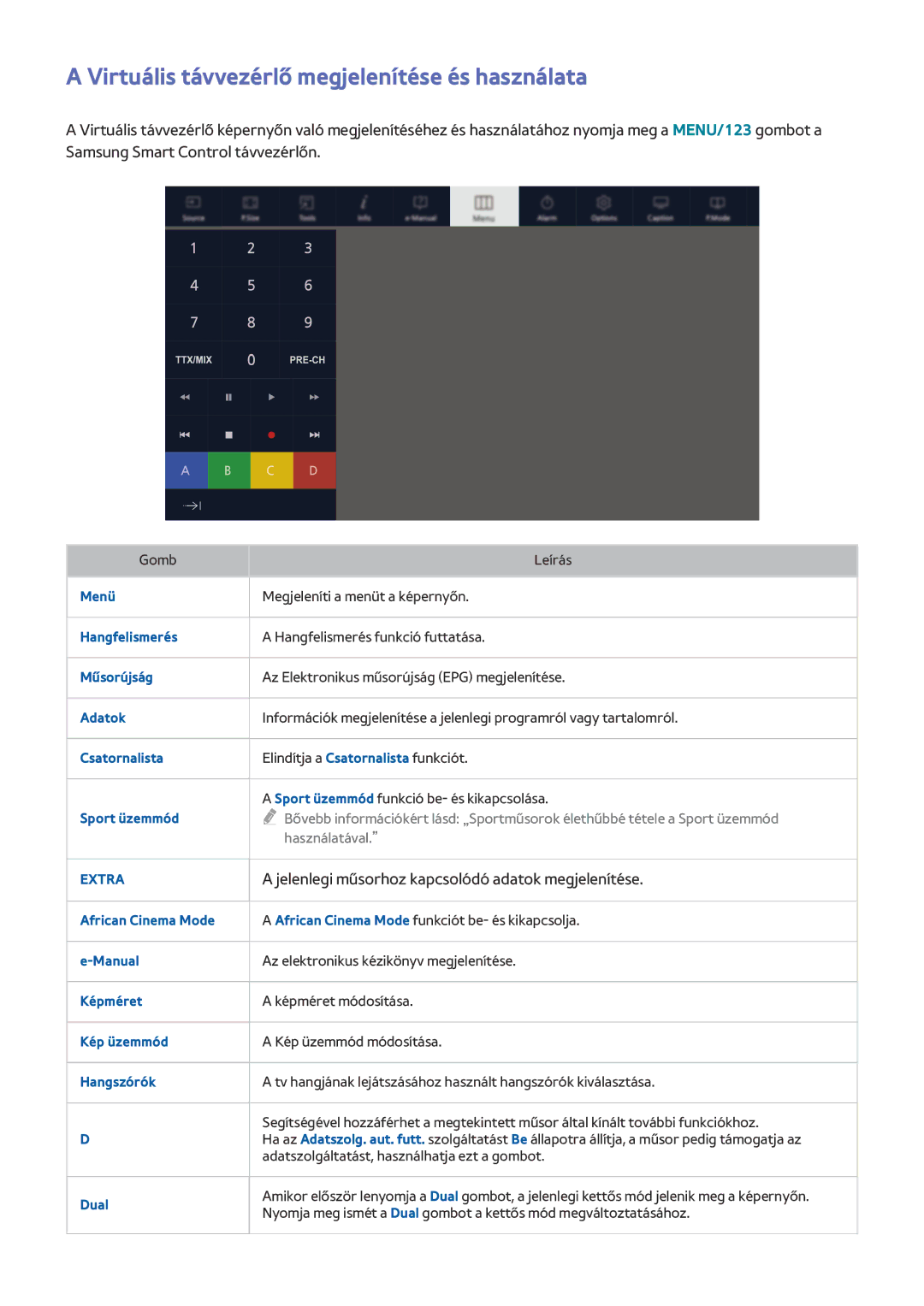 Samsung UE40J5500AWXXH, UE65J6299SUXZG, UE40J6250SUXZG, UE55J6289SUXZG manual Virtuális távvezérlő megjelenítése és használata 