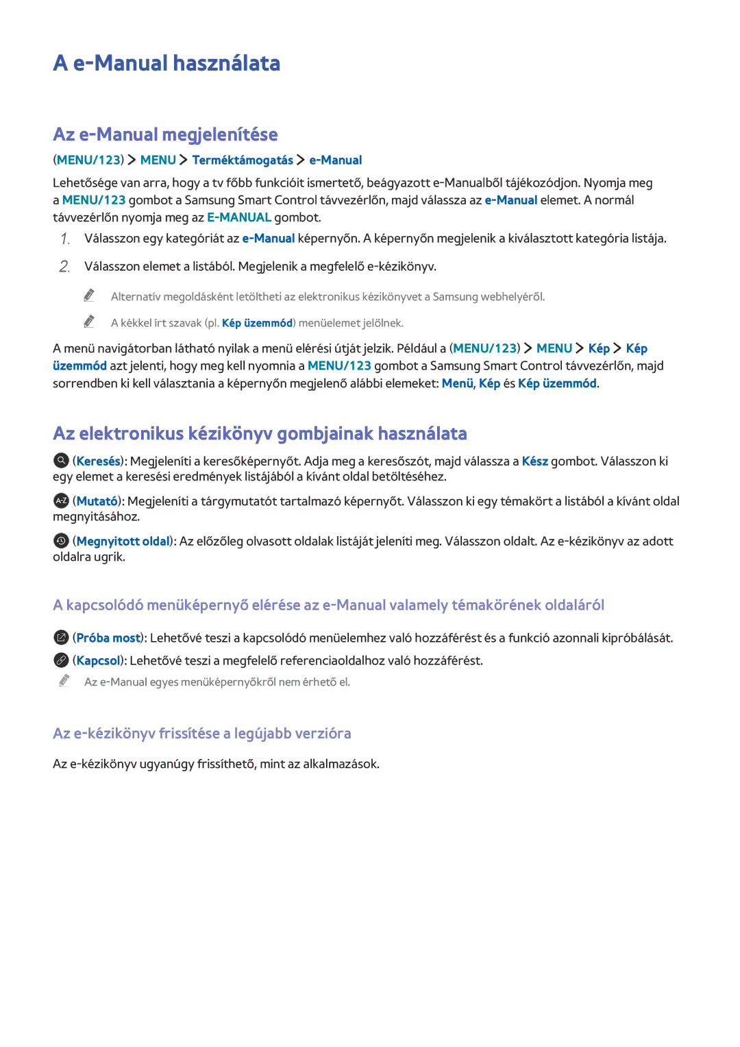 Samsung UE50J5500AWXZF manual Manual használata, Az e-Manual megjelenítése, Az elektronikus kézikönyv gombjainak használata 