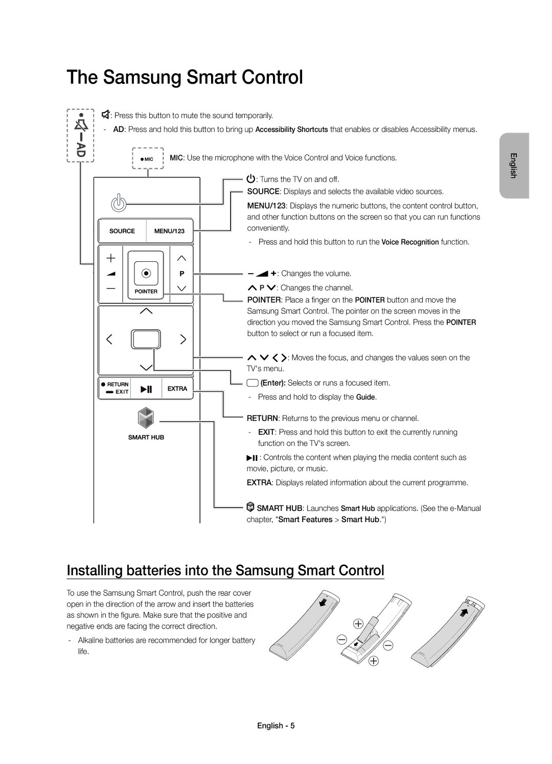 Samsung UE48JS8500TXRU, UE65JS8500TXRU, UE55JS8500TXRU manual Installing batteries into the Samsung Smart Control 