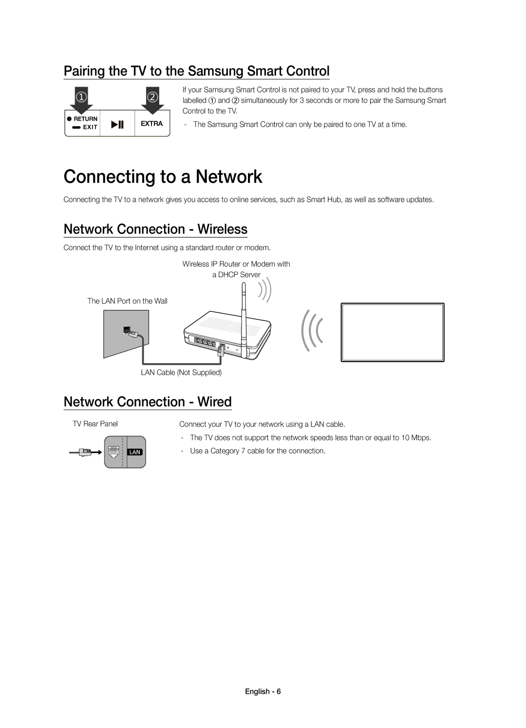 Samsung UE55JS8500TXRU Connecting to a Network, Pairing the TV to the Samsung Smart Control, Network Connection Wireless 