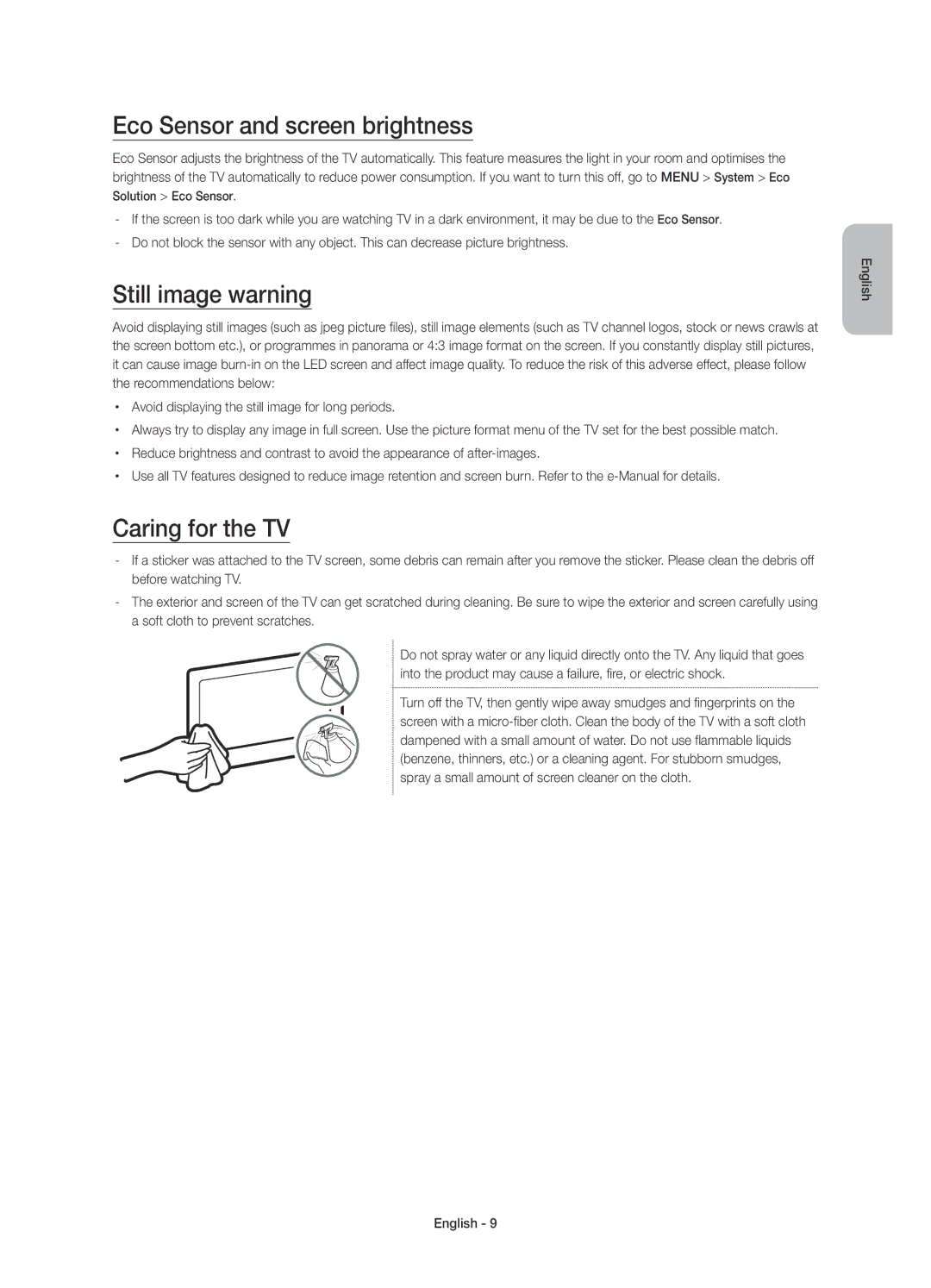 Samsung UE48JS8500TXRU, UE65JS8500TXRU manual Eco Sensor and screen brightness, Still image warning, Caring for the TV 