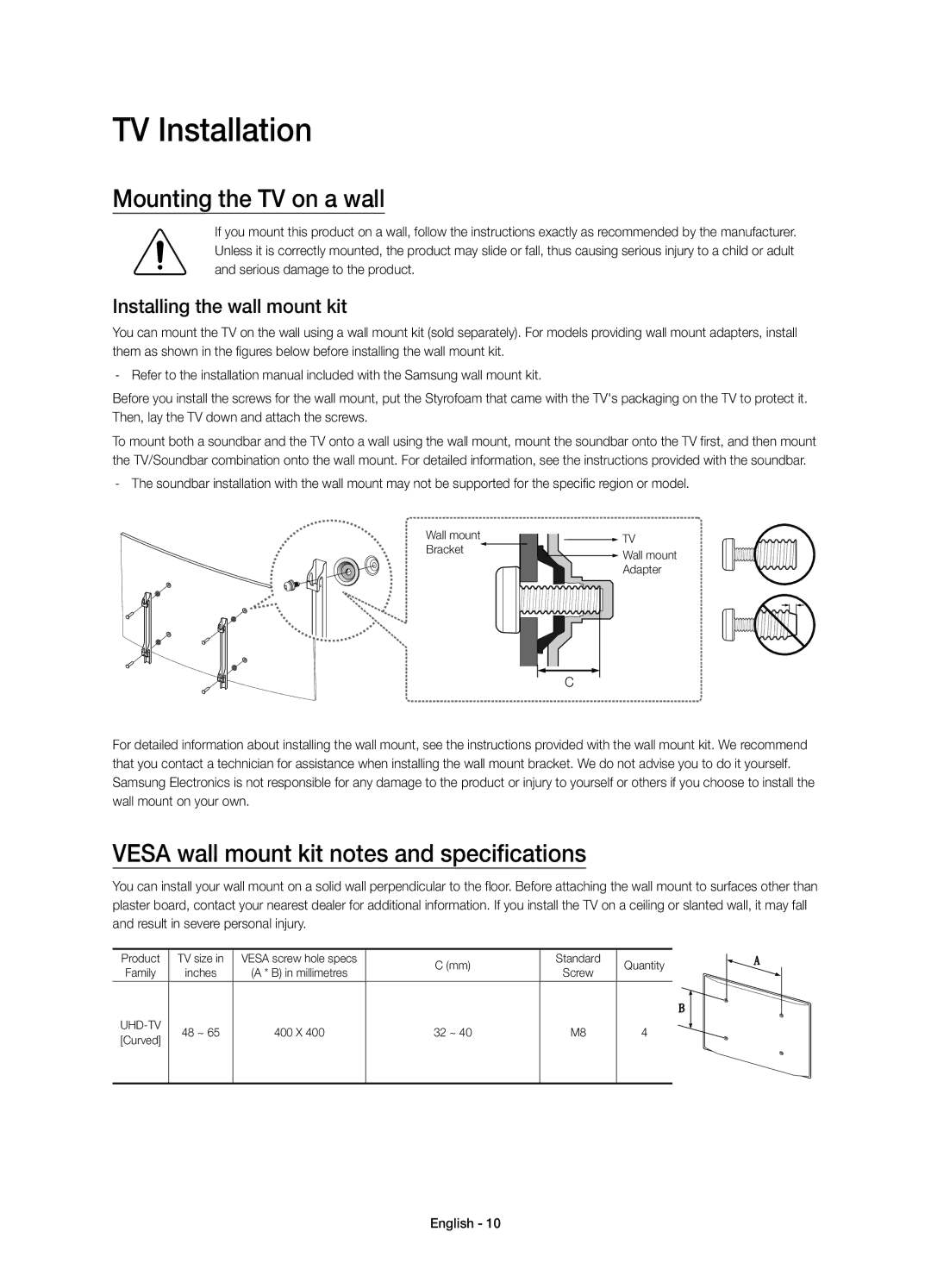 Samsung UE55JS8500TXRU manual TV Installation, Mounting the TV on a wall, Vesa wall mount kit notes and specifications 