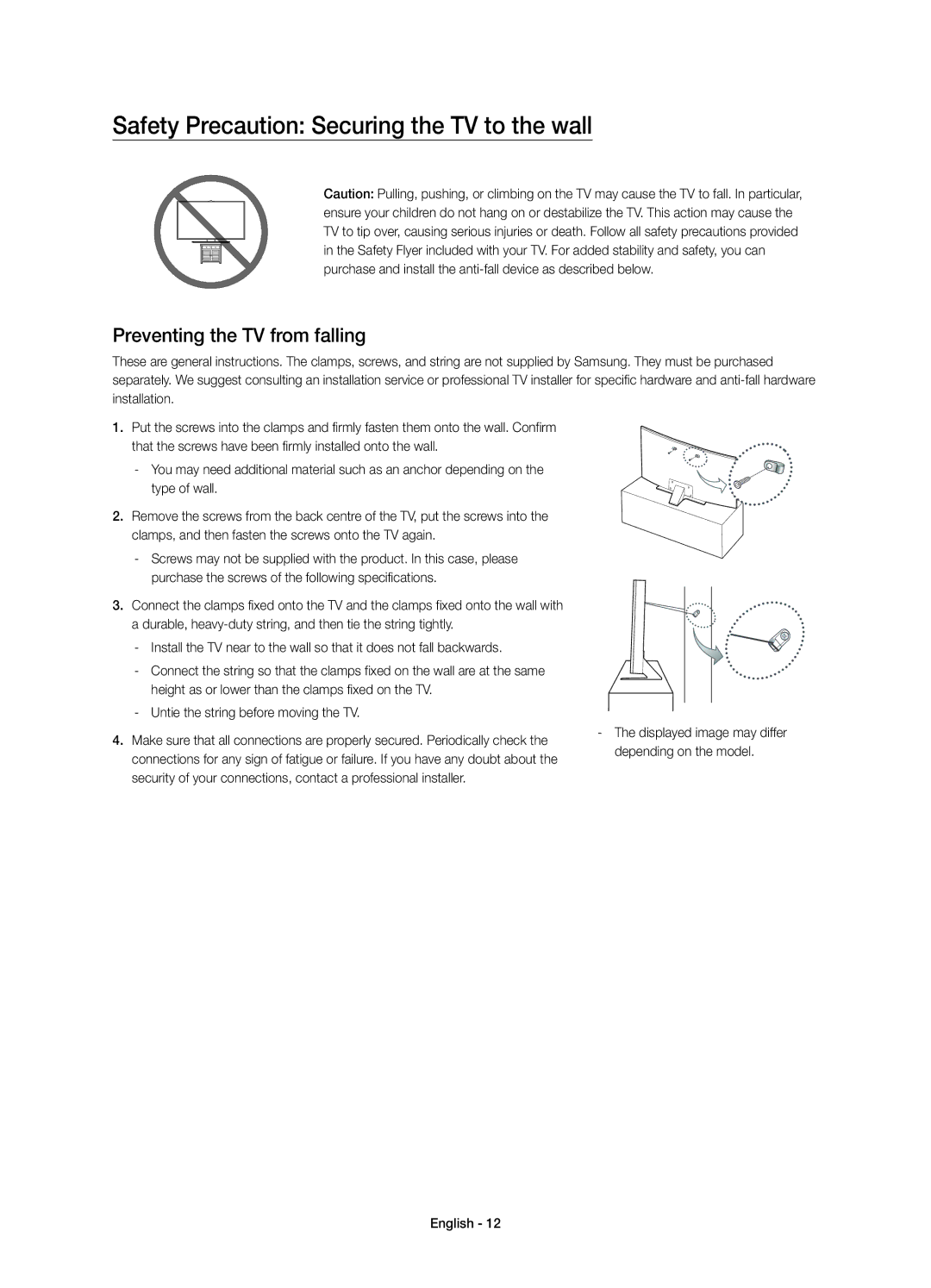 Samsung UE65JS8500TXRU, UE48JS8500TXRU manual Safety Precaution Securing the TV to the wall, Preventing the TV from falling 