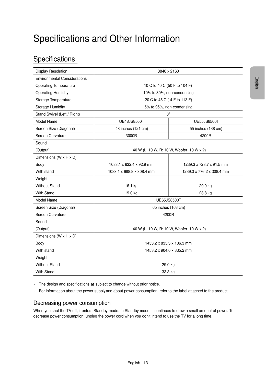 Samsung UE48JS8500TXRU, UE65JS8500TXRU, UE55JS8500TXRU Specifications and Other Information, Decreasing power consumption 